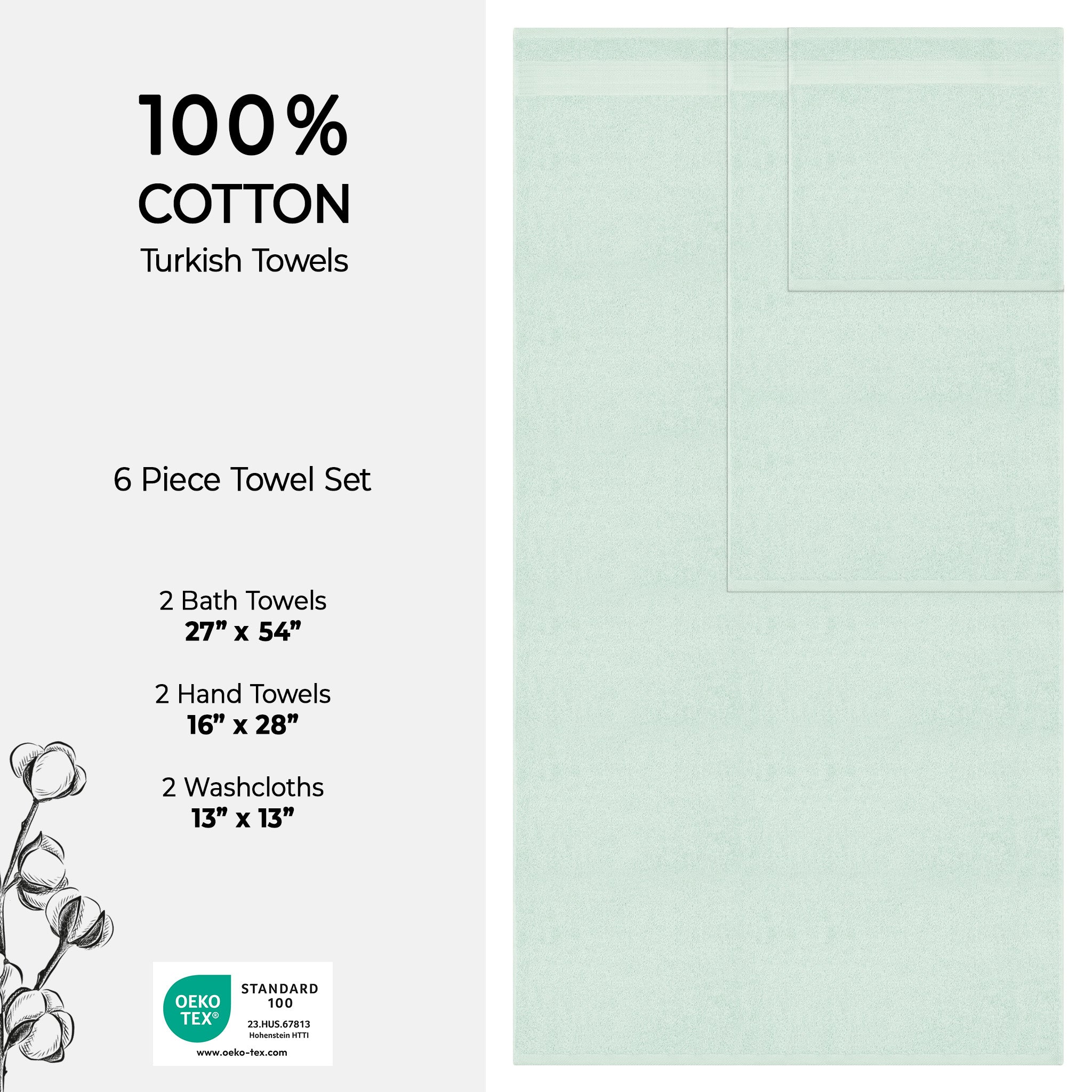 American Soft Linen Bekos 100% Cotton Turkish Towels 6 Piece Bath Towel Set -mint-04