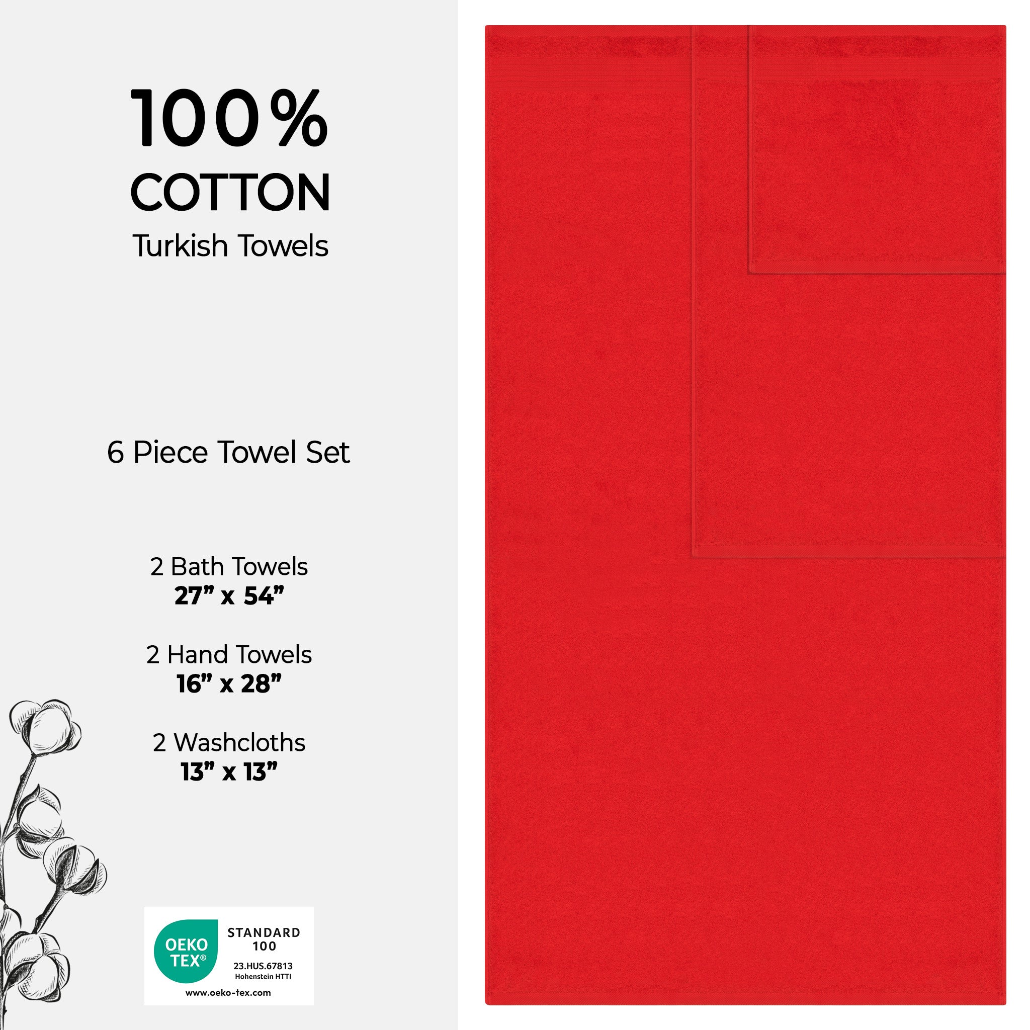 American Soft Linen Bekos 100% Cotton Turkish Towels 6 Piece Bath Towel Set -red-04