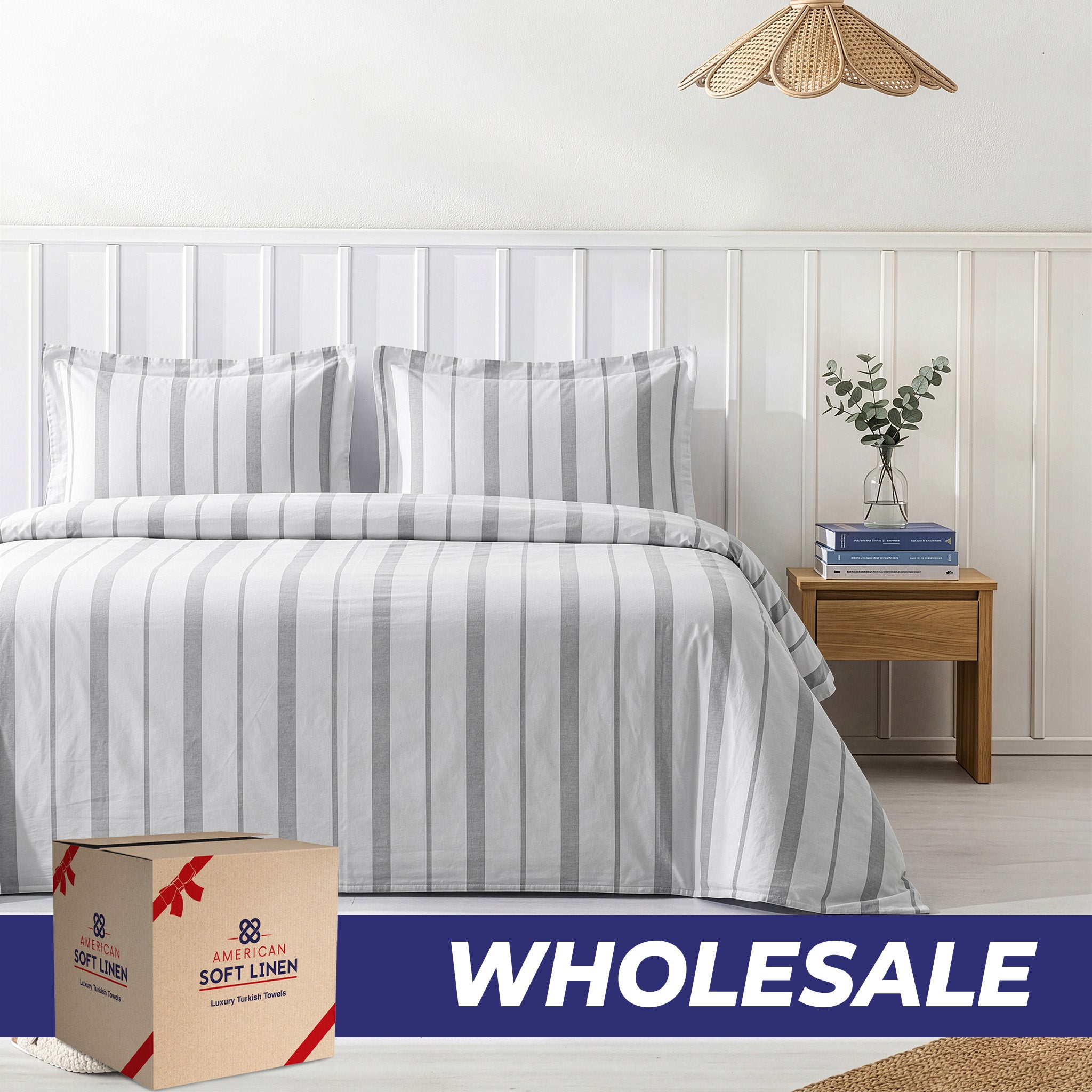 Wholesale 100% Washed Cotton Percale Duvet Cover Set – 200TC Yarn-Dyed Striped Hotel Bedding Set