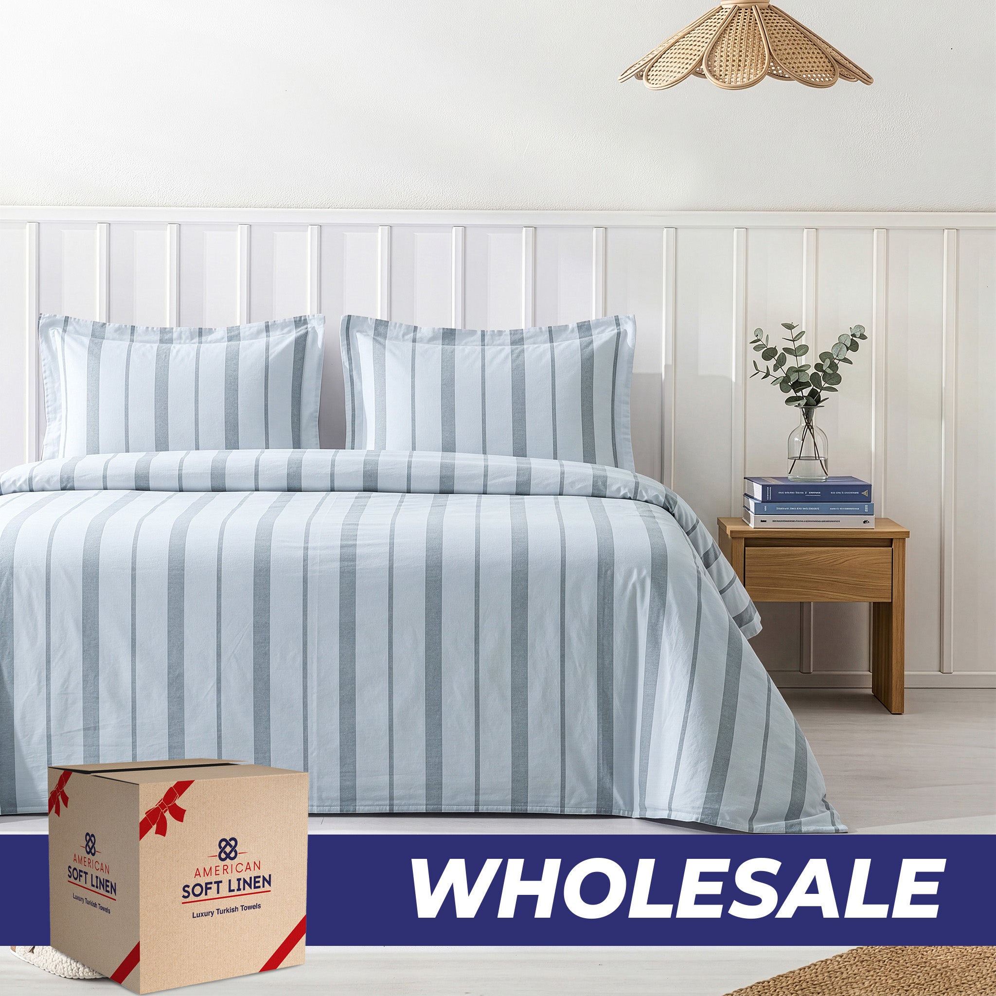 Wholesale 100% Washed Cotton Percale Duvet Cover Set – 200TC Yarn-Dyed Striped Hotel Bedding Set