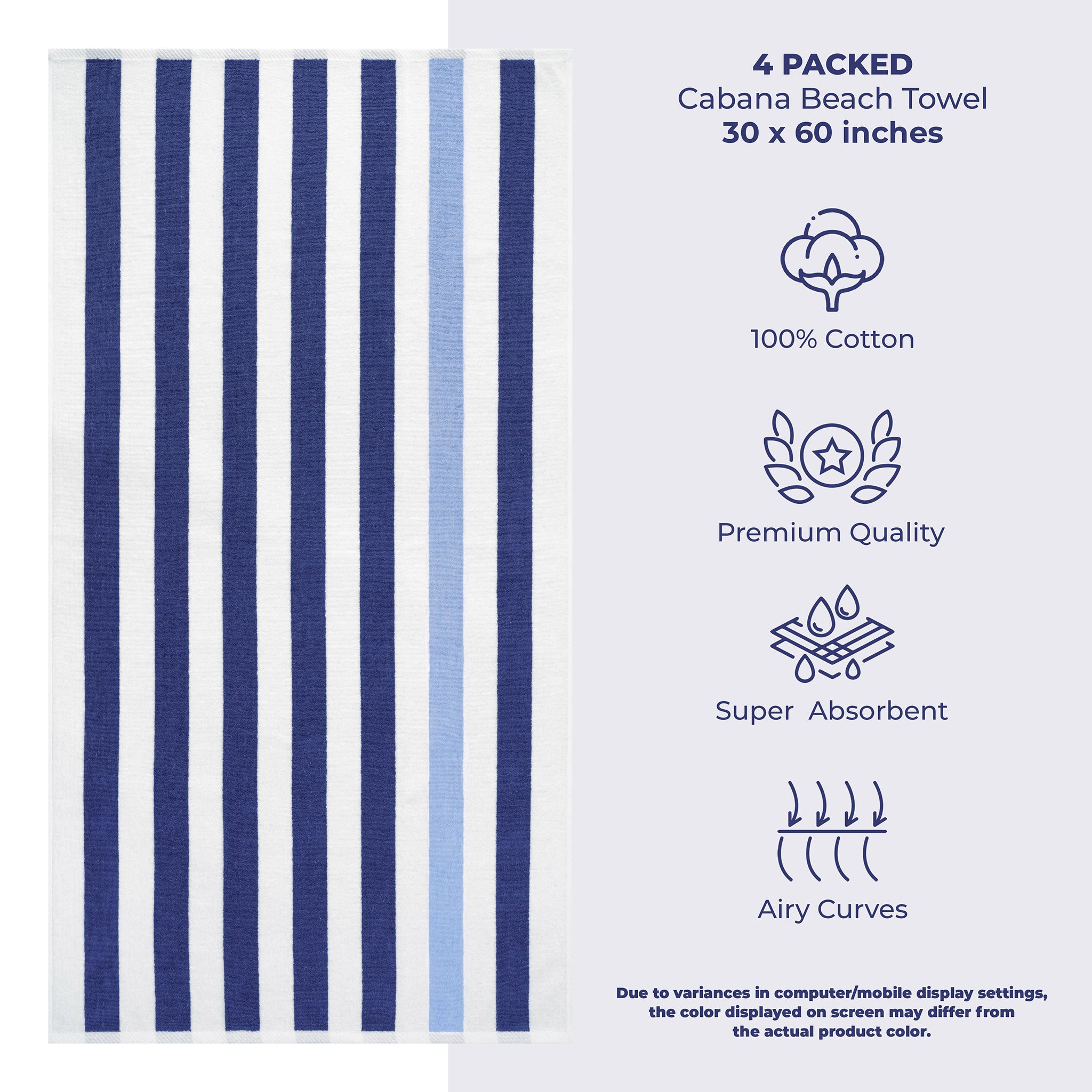 American Soft Linen 100% Cotton 4 Pack Beach Towels Cabana Striped Pool Towels -navy-sky-3