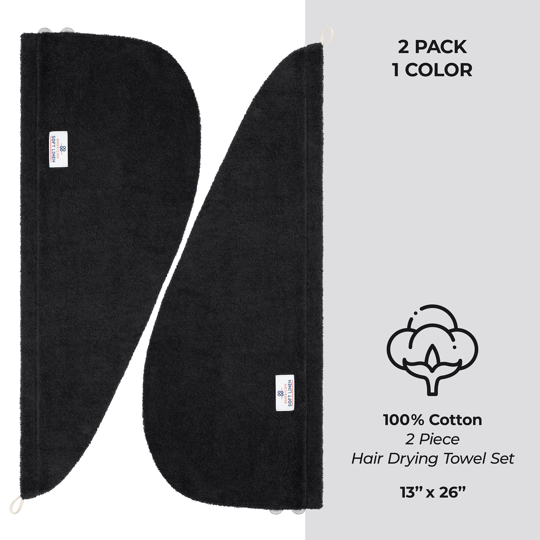 American Soft Linen 100% Cotton Hair Drying Towels for Women 2 pack 75 set case pack black-4