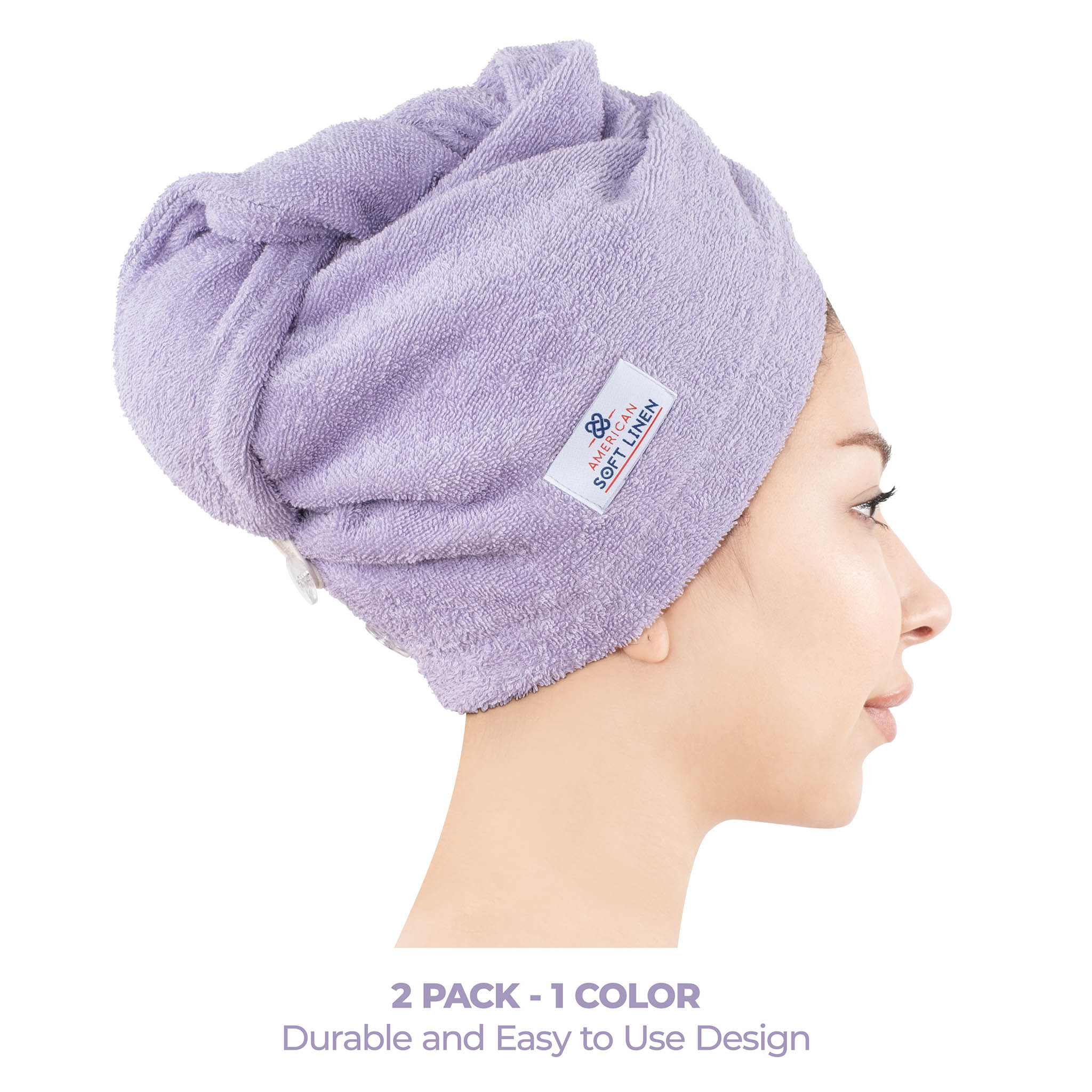 American Soft Linen 100% Cotton Hair Drying Towels for Women 2 pack 75 set case pack lilac-2