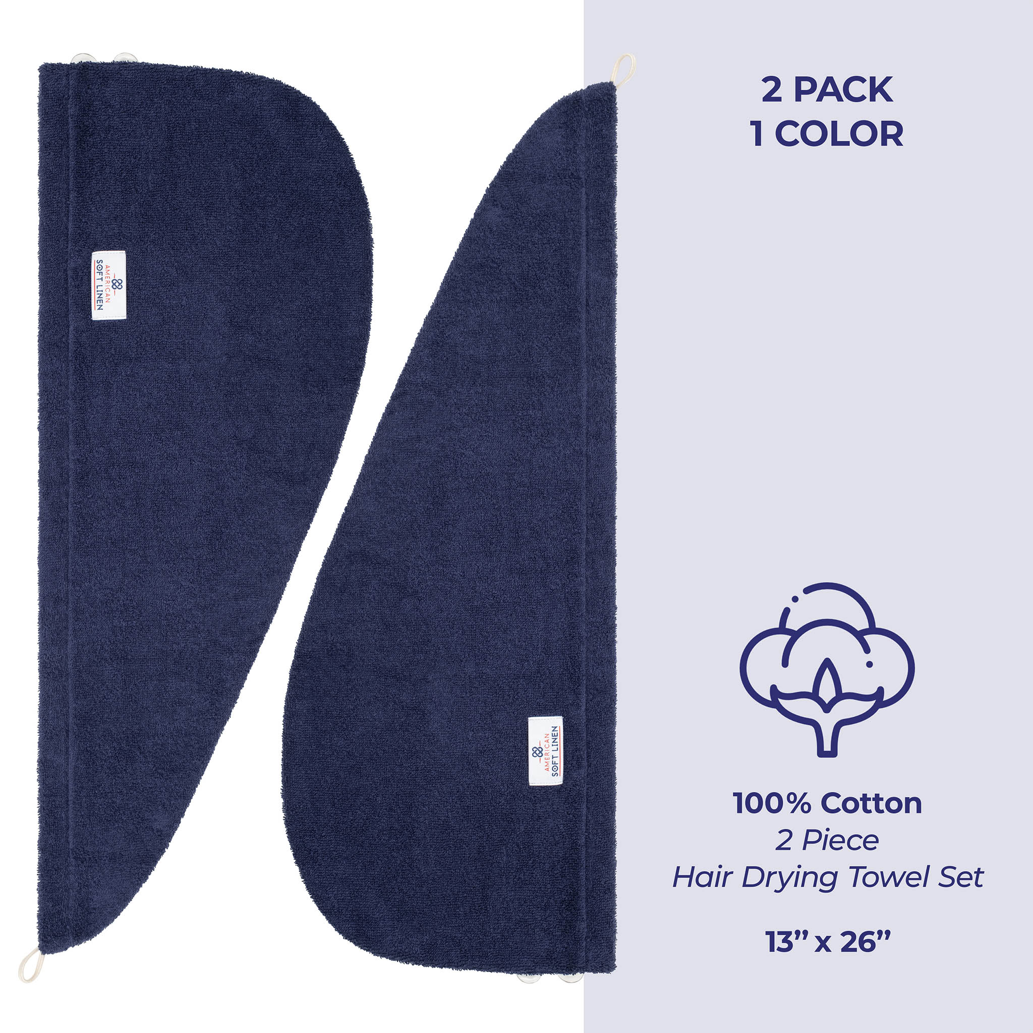 American Soft Linen 100% Cotton Hair Drying Towels for Women 2 pack 75 set case pack navy blue-4