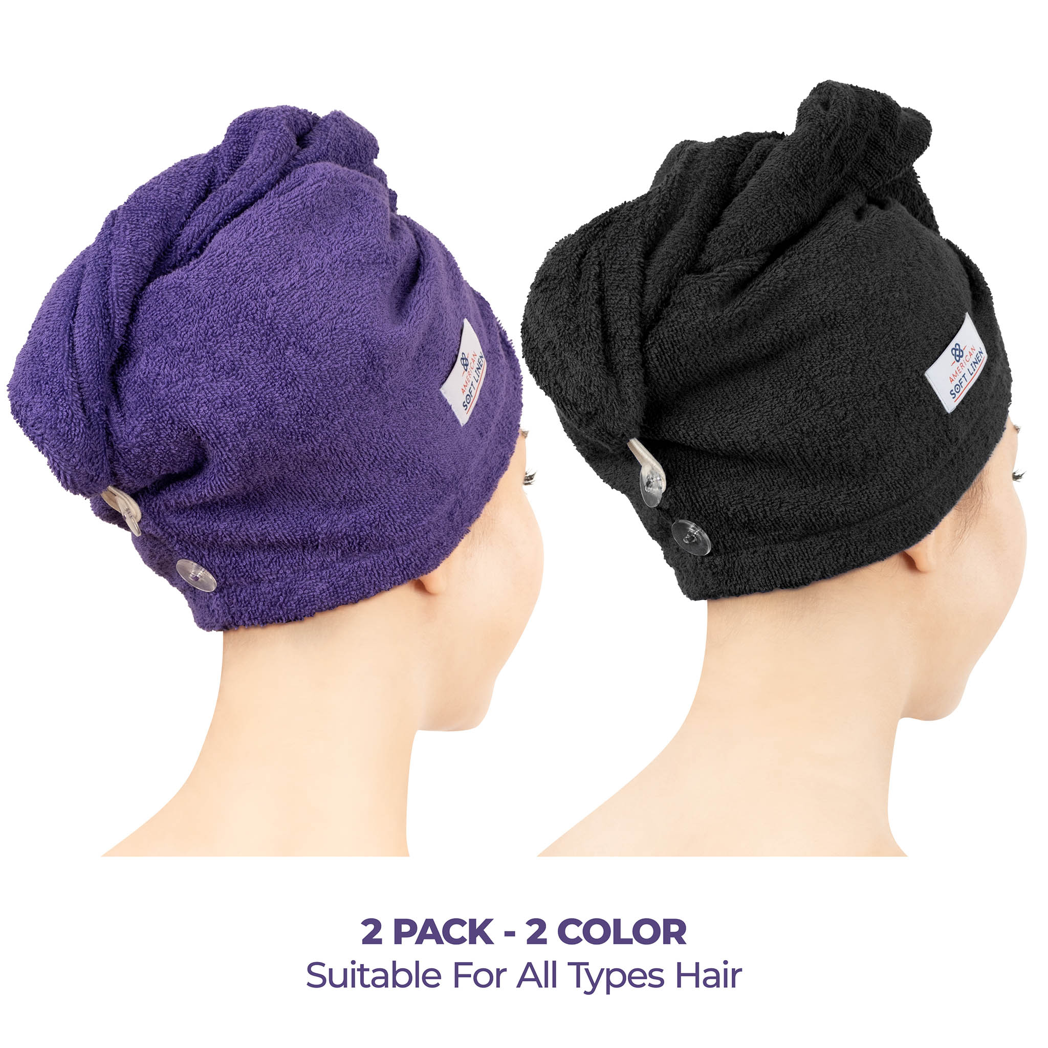 American Soft Linen 100% Cotton Hair Drying Towels for Women 2 pack 75 set case pack purple-black-2