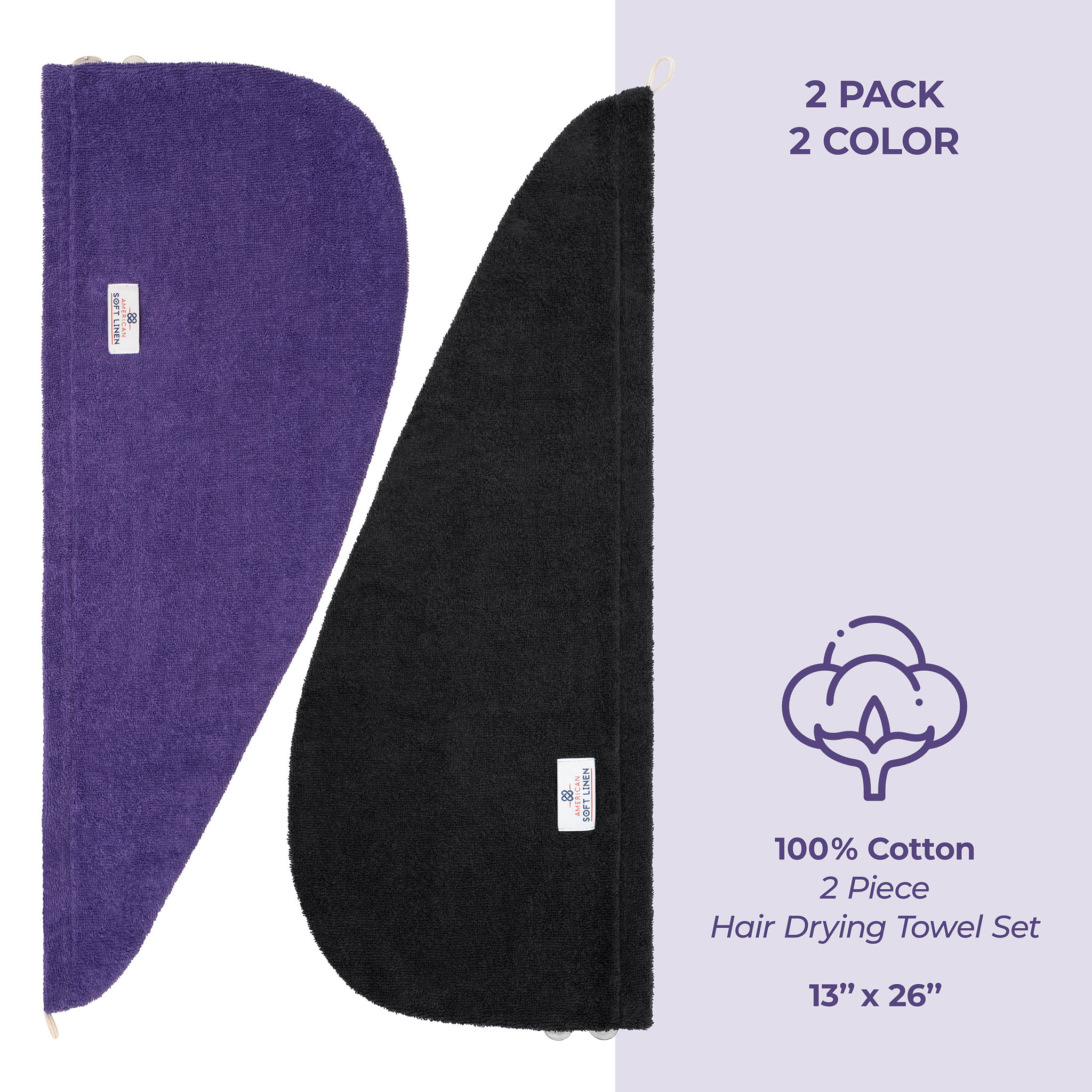 American Soft Linen 100% Cotton Hair Drying Towels for Women 2 pack 75 set case pack purple-black-5