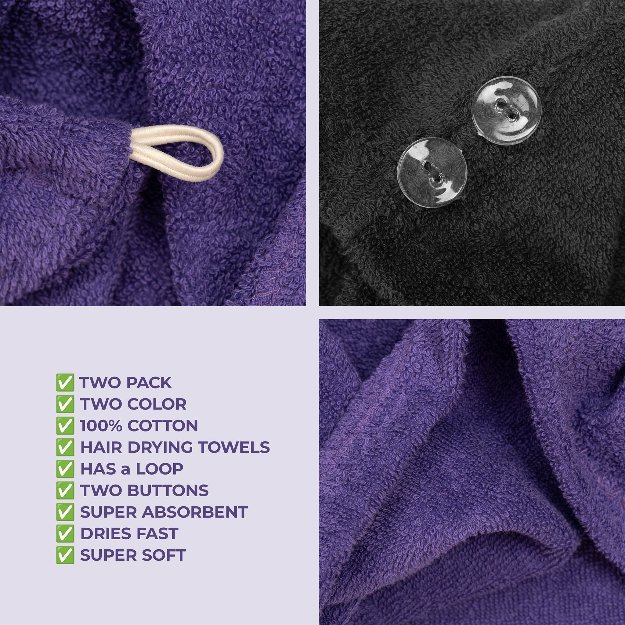 American Soft Linen 100% Cotton Hair Drying Towels for Women 2 pack 75 set case pack purple-black-6
