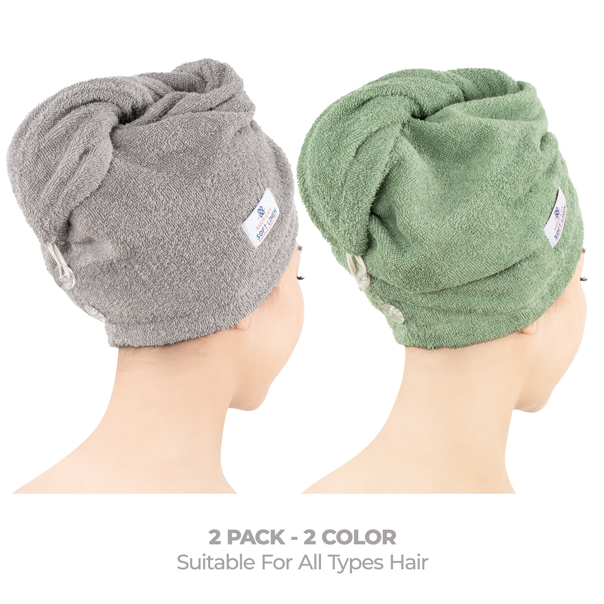 American Soft Linen 100% Cotton Hair Drying Towels for Women 2 pack 75 set case pack rockridge-sage green-2