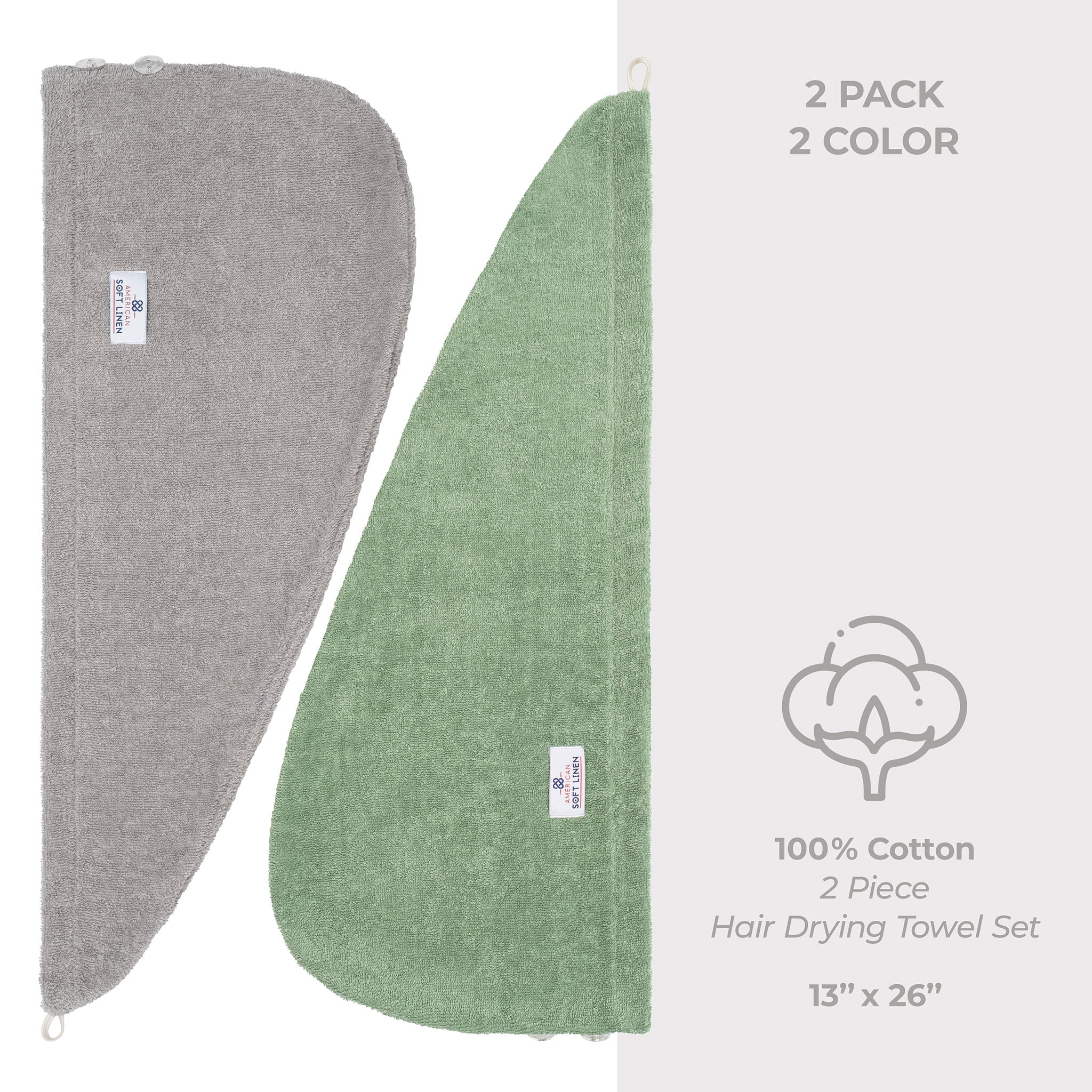 American Soft Linen 100% Cotton Hair Drying Towels for Women 2 pack 75 set case pack rockridge-sage green-5
