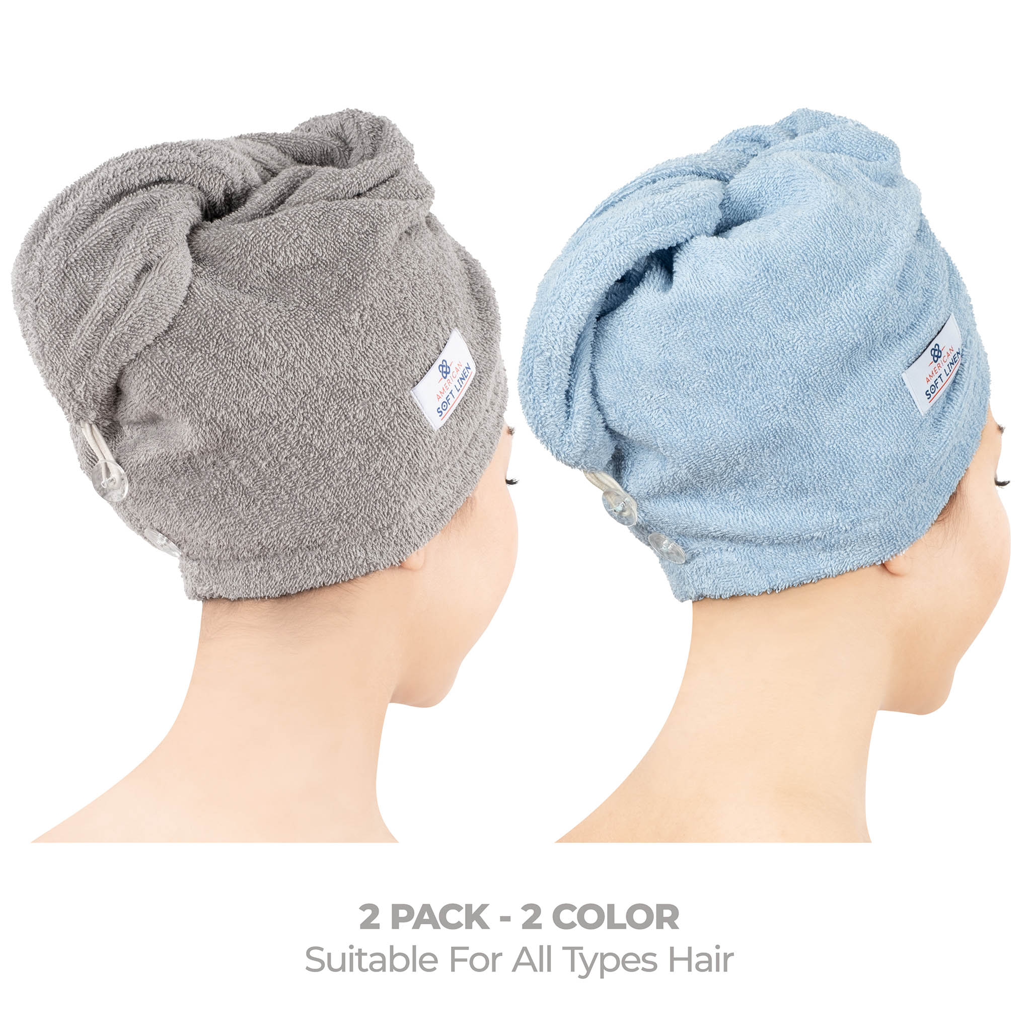 American Soft Linen 100% Cotton Hair Drying Towels for Women 2 pack 75 set case pack rockridge-sky blue-2
