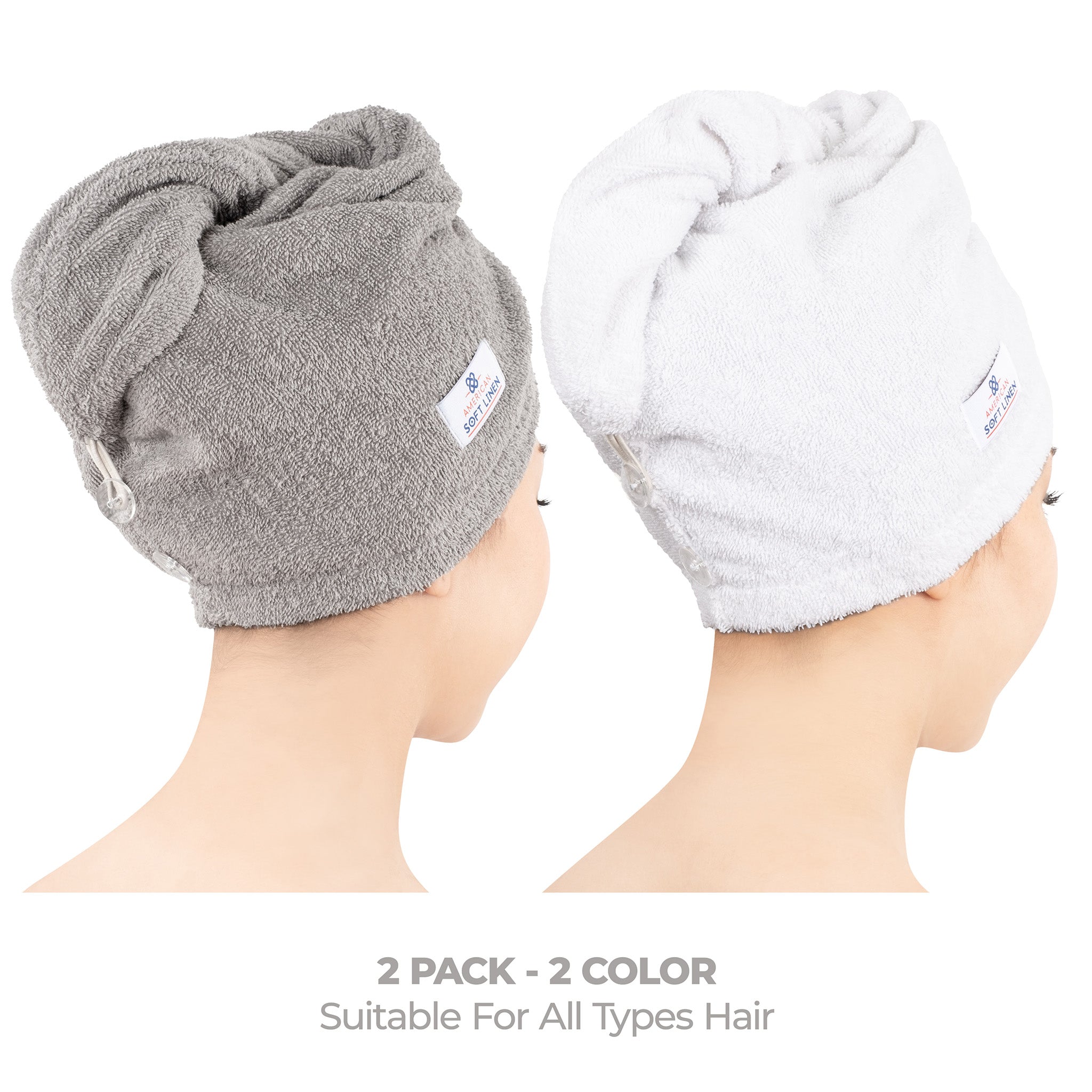 American Soft Linen 100% Cotton Hair Drying Towels for Women 2 pack 75 set case pack rockridge-white-2