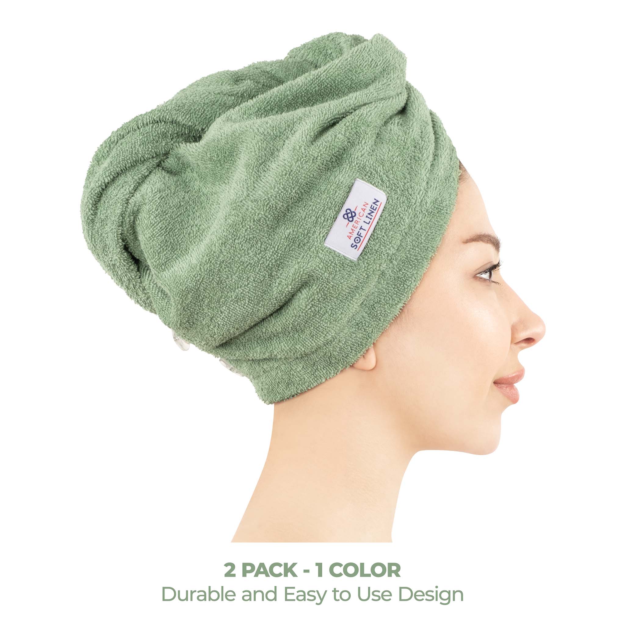 American Soft Linen 100% Cotton Hair Drying Towels for Women 2 pack 75 set case pack sage-green-2