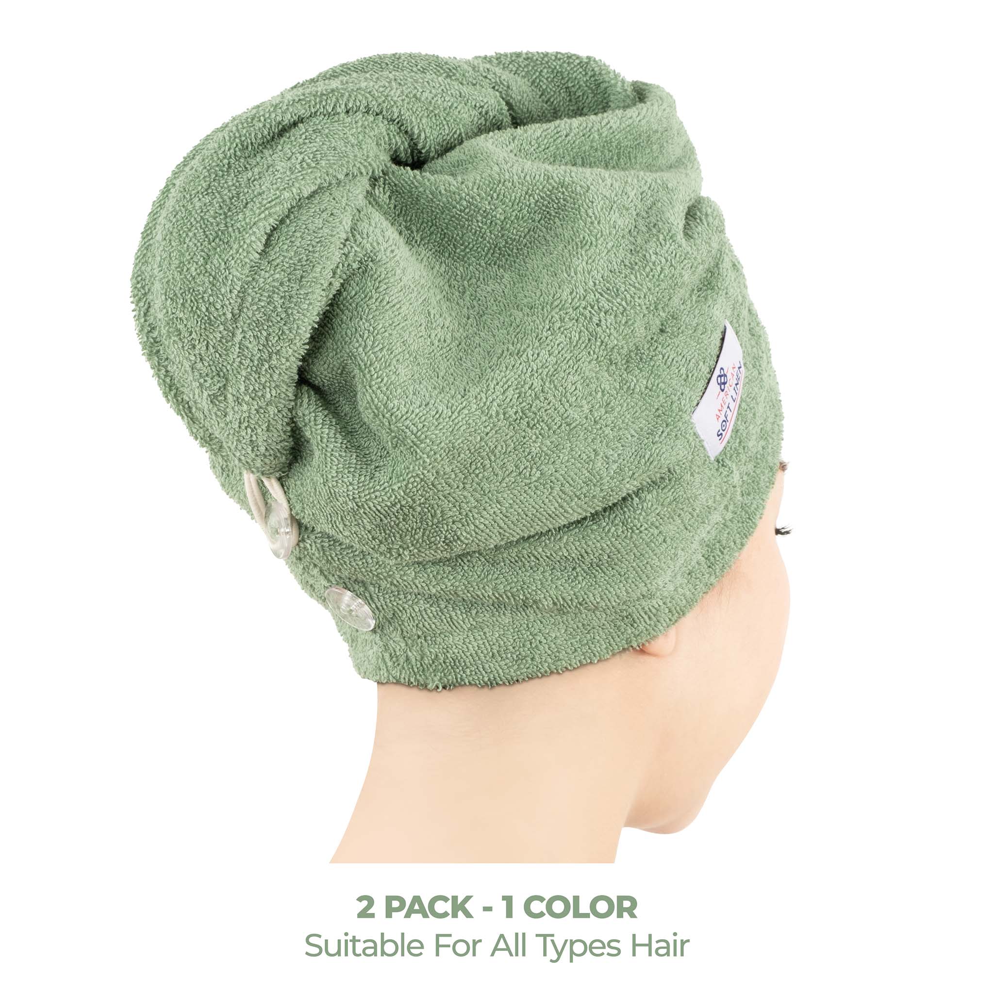 American Soft Linen 100% Cotton Hair Drying Towels for Women 2 pack 75 set case pack sage-green-3