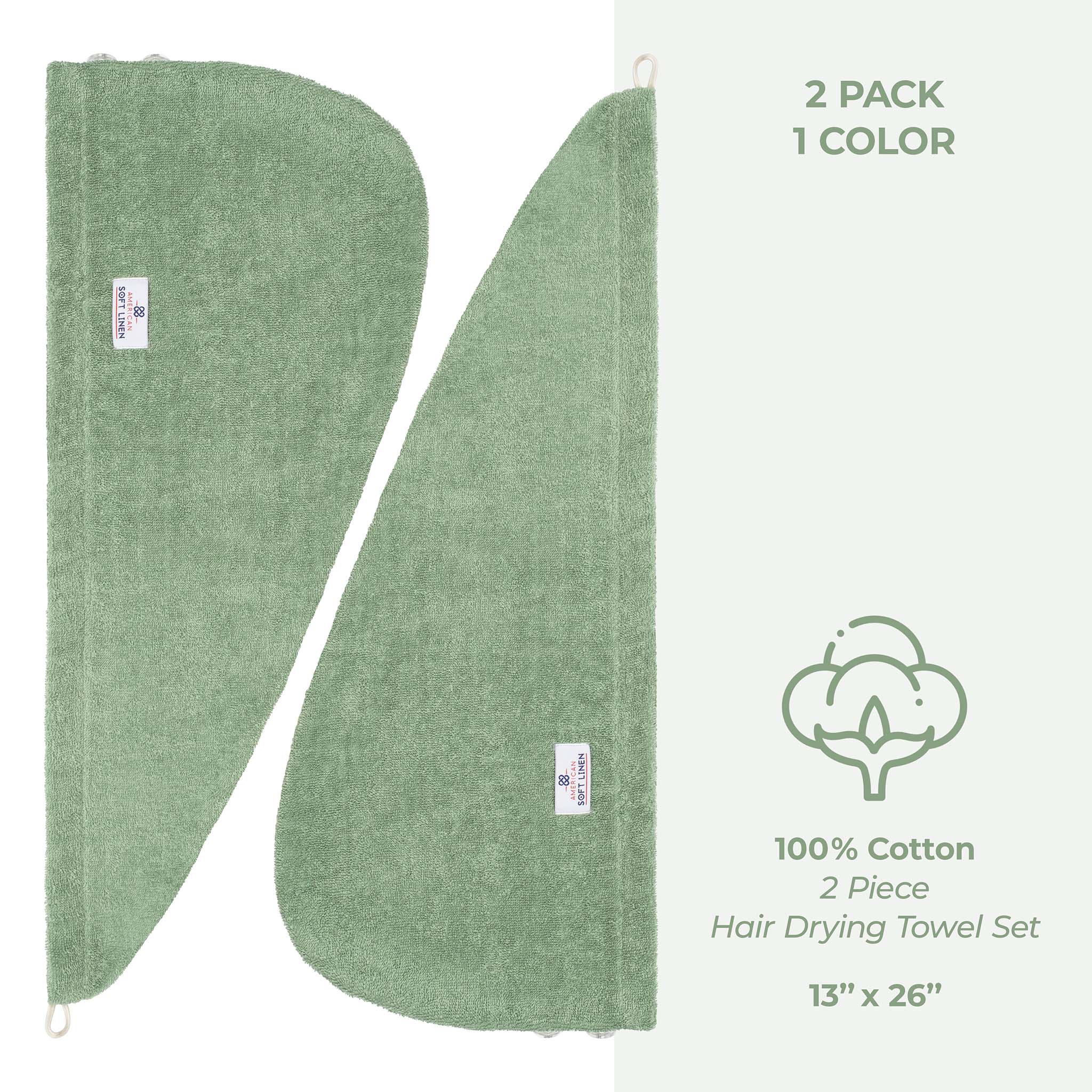 American Soft Linen 100% Cotton Hair Drying Towels for Women 2 pack 75 set case pack sage-green-4