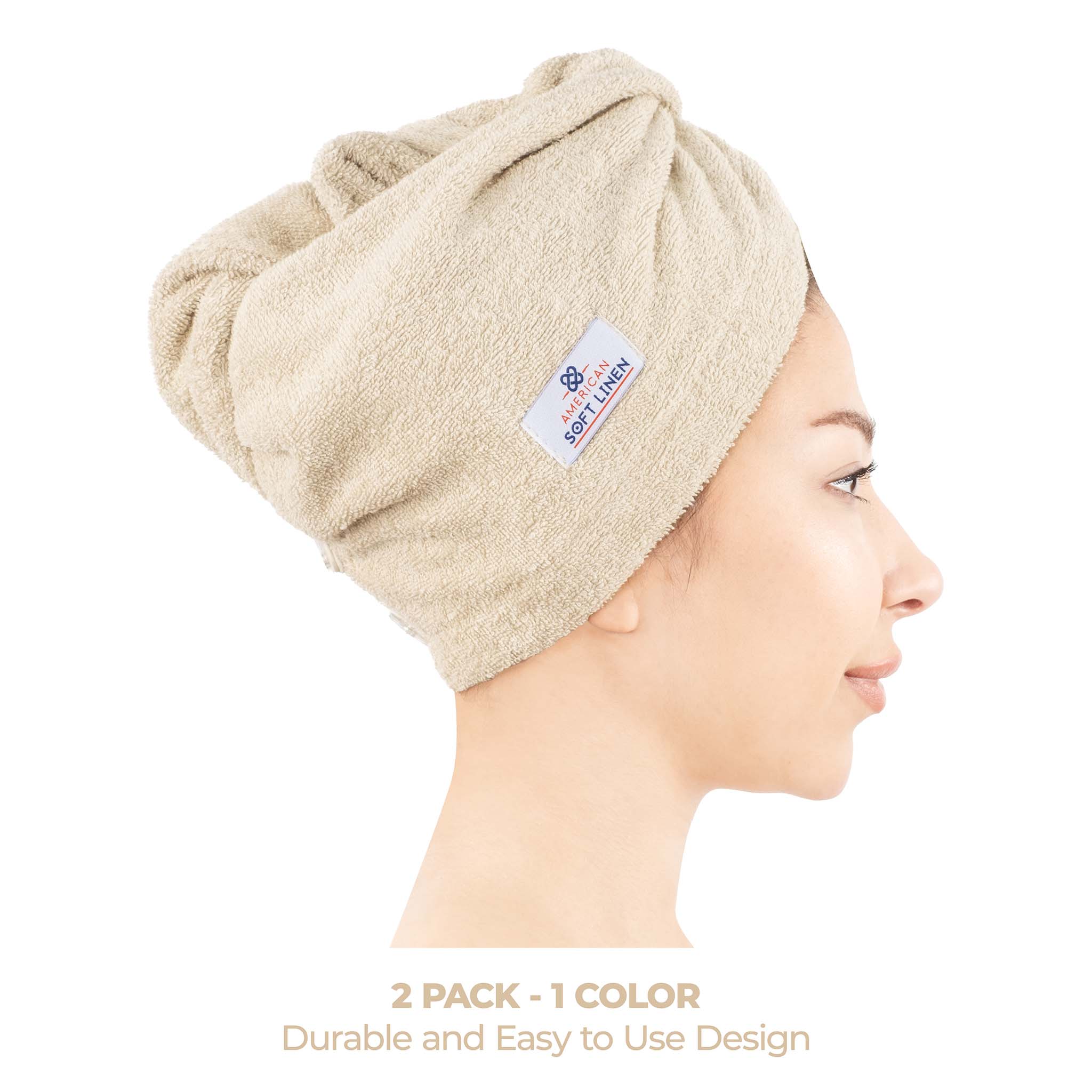 American Soft Linen 100% Cotton Hair Drying Towels for Women 2 pack 75 set case pack sand-taupe-2