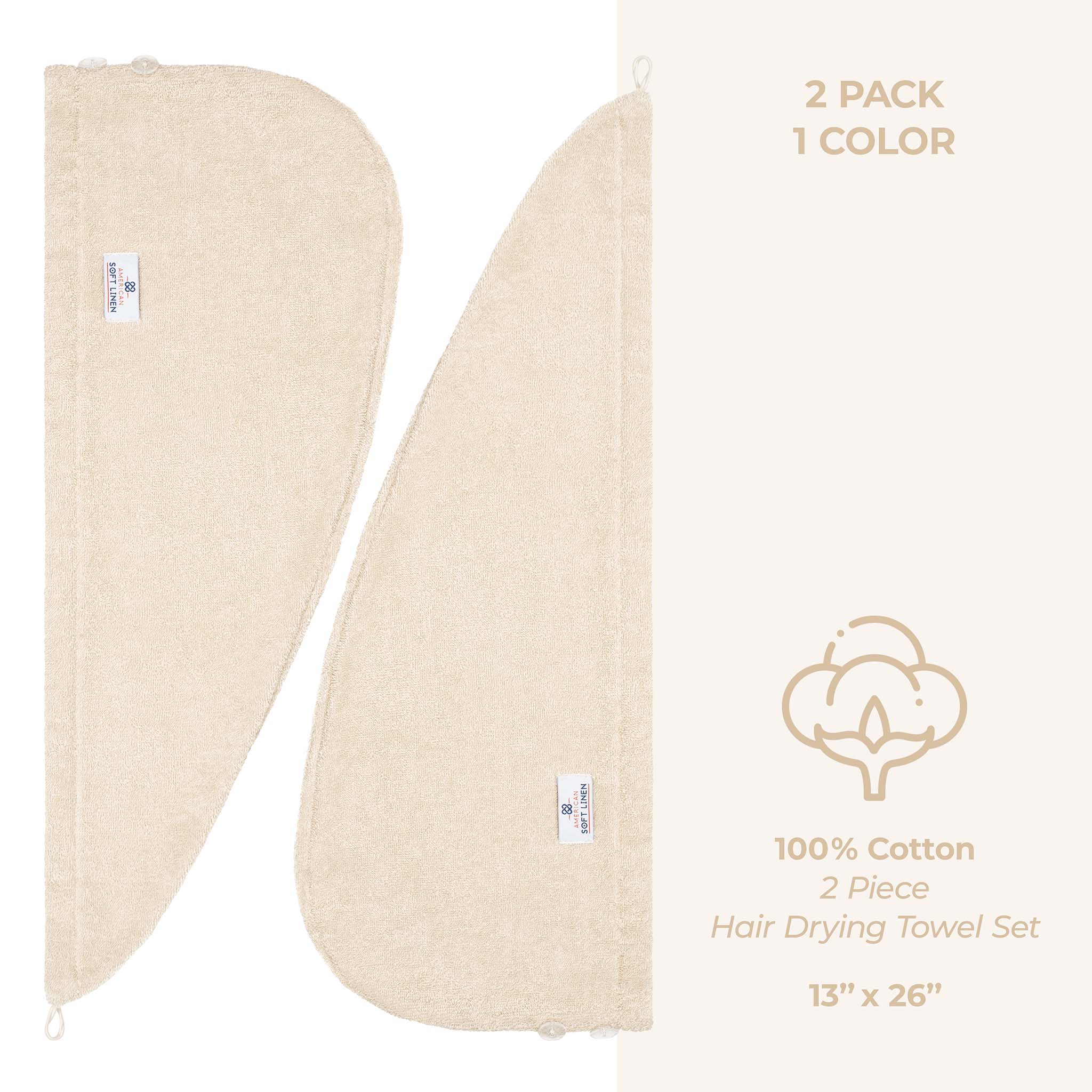 American Soft Linen 100% Cotton Hair Drying Towels for Women 2 pack 75 set case pack sand-taupe-4