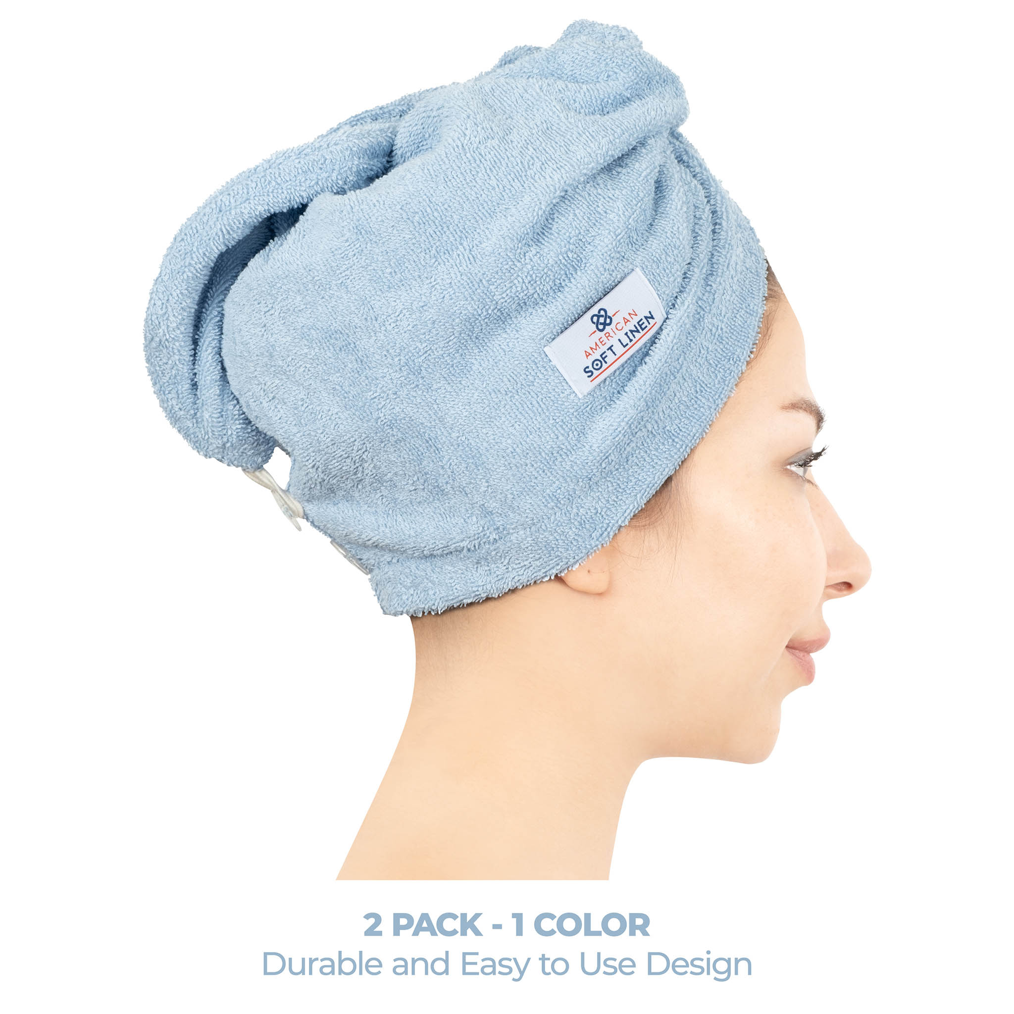 American Soft Linen 100% Cotton Hair Drying Towels for Women 2 pack 75 set case pack sky-blue-2