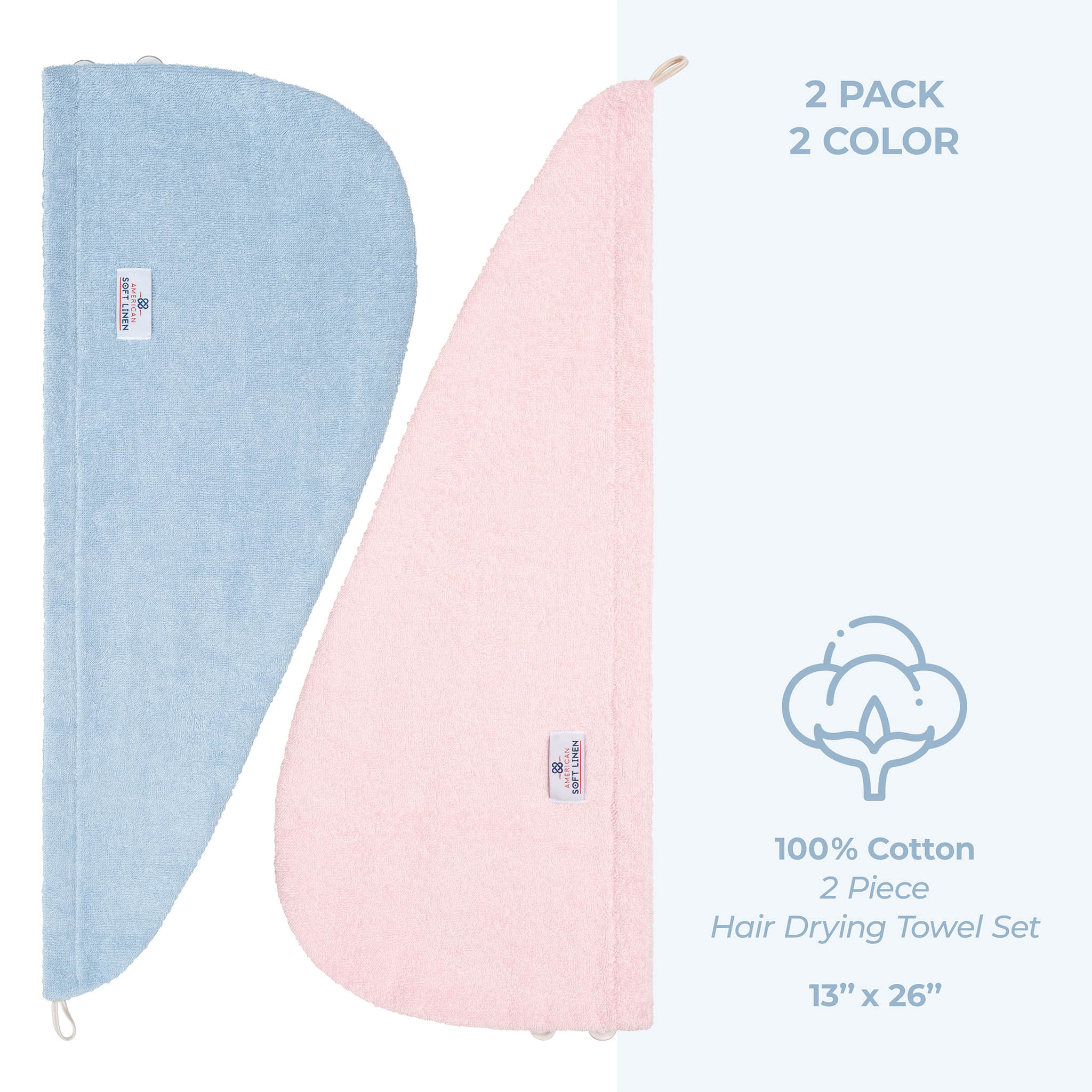 American Soft Linen 100% Cotton Hair Drying Towels for Women 2 pack 75 set case pack sky blue-pink-5