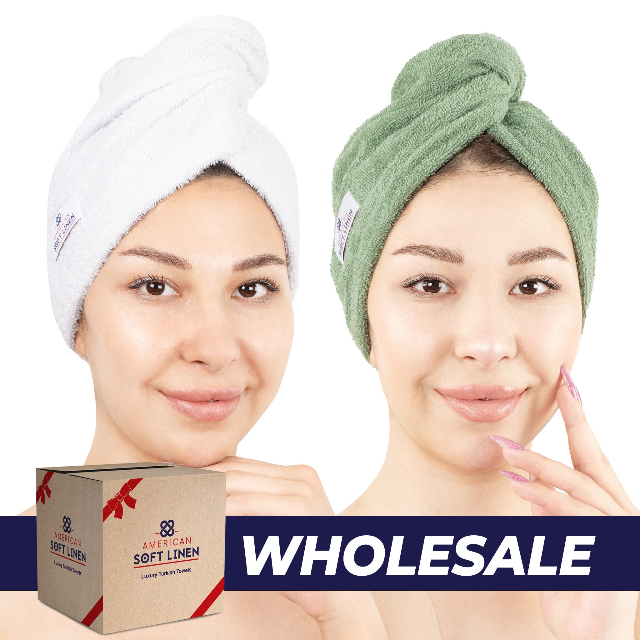 American Soft Linen 100% Cotton Hair Drying Towels for Women 2 pack 75 set case pack white-sage green-0