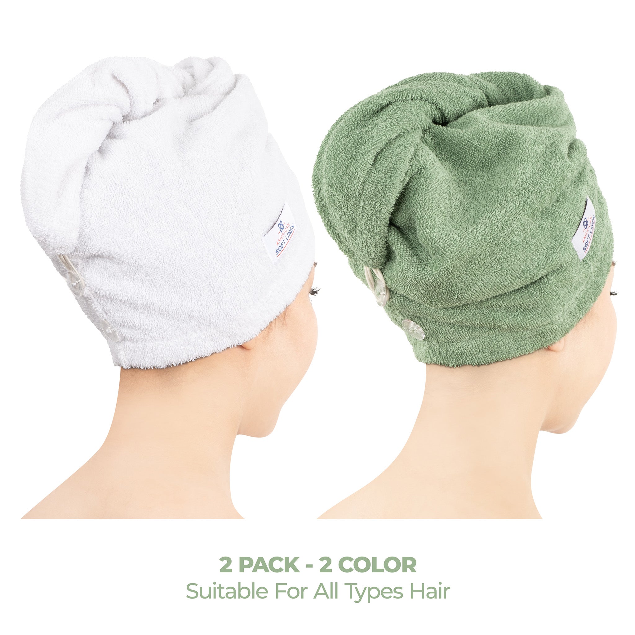 American Soft Linen 100% Cotton Hair Drying Towels for Women 2 pack 75 set case pack white-sage green-2