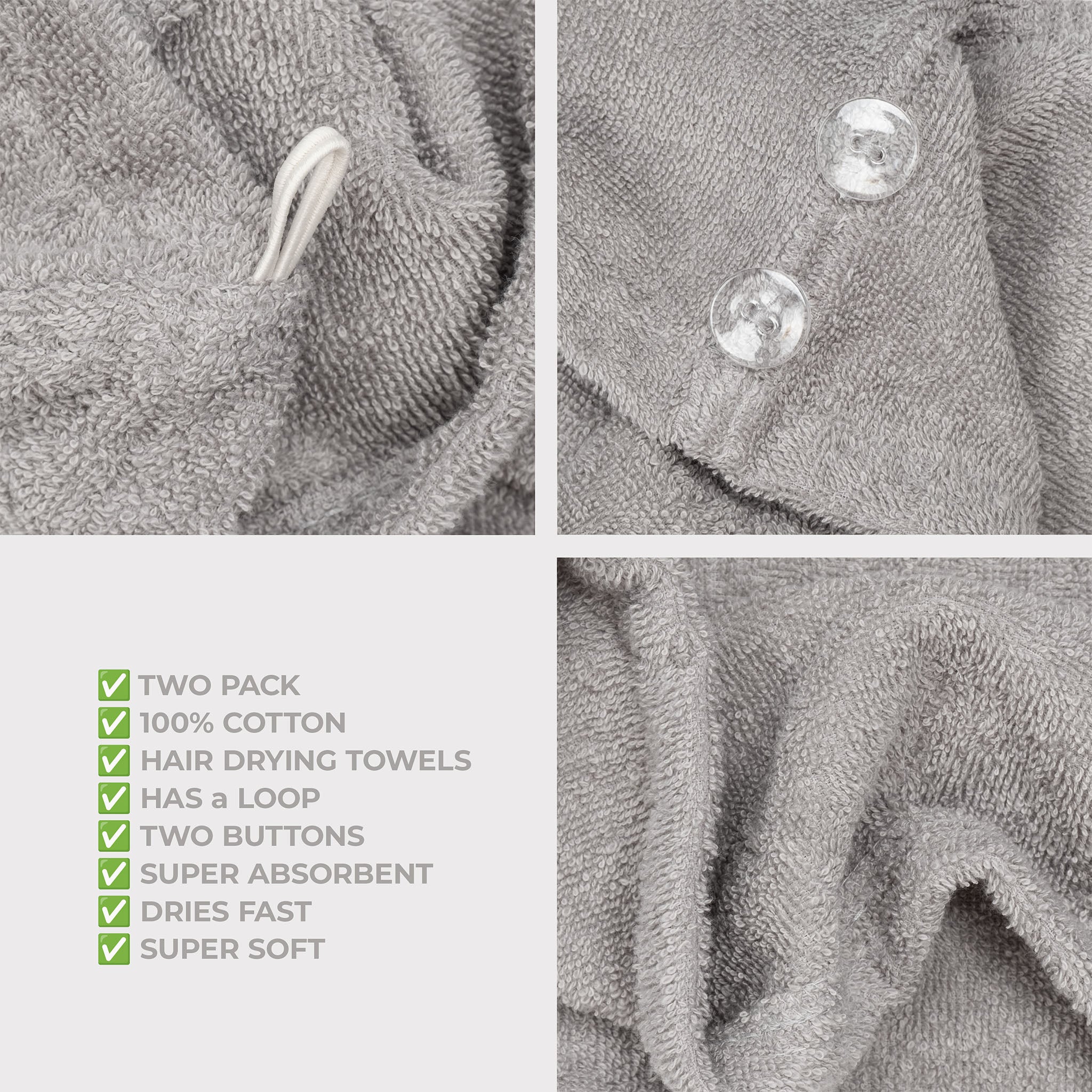 American Soft Linen 100% Cotton Hair Drying Towels for Women Rockridge Gray-5