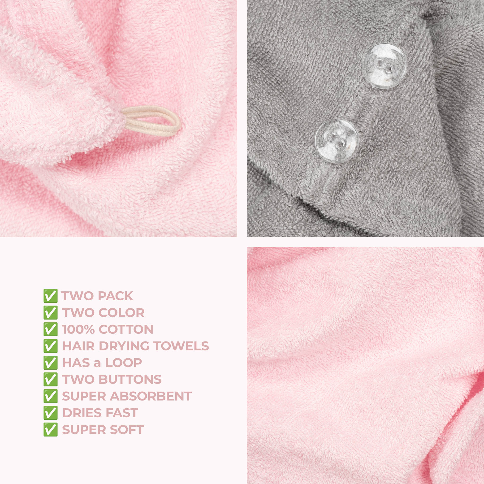 American Soft Linen 100% Cotton Hair Drying Towels for Women Rockridge-Pink-6