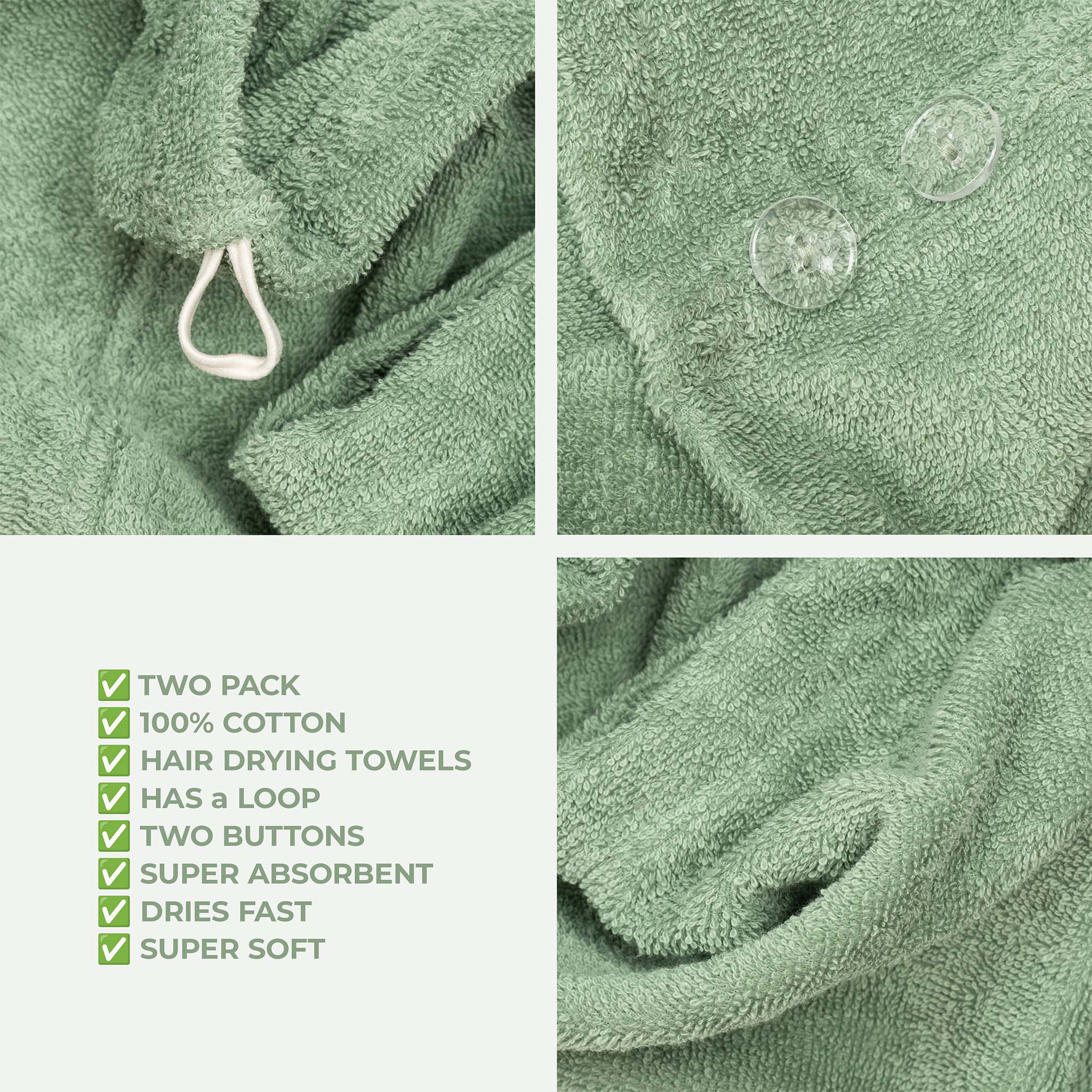 American Soft Linen 100% Cotton Hair Drying Towels for Women Sage Green-5