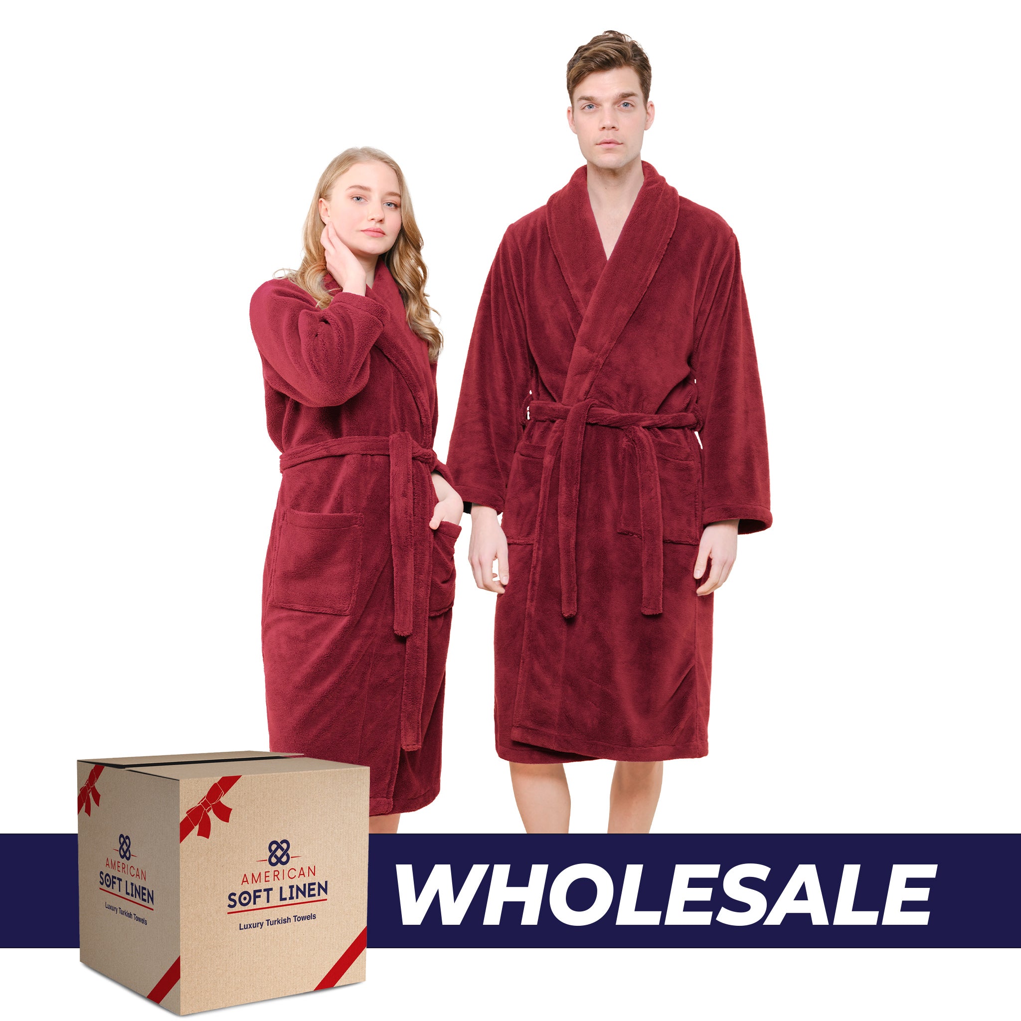 American Soft Linen Super Soft Absorbent and Fluffy Unisex Fleece Bathrobe -12 Set Case Pack -L-XL-Bordeaux-red-0