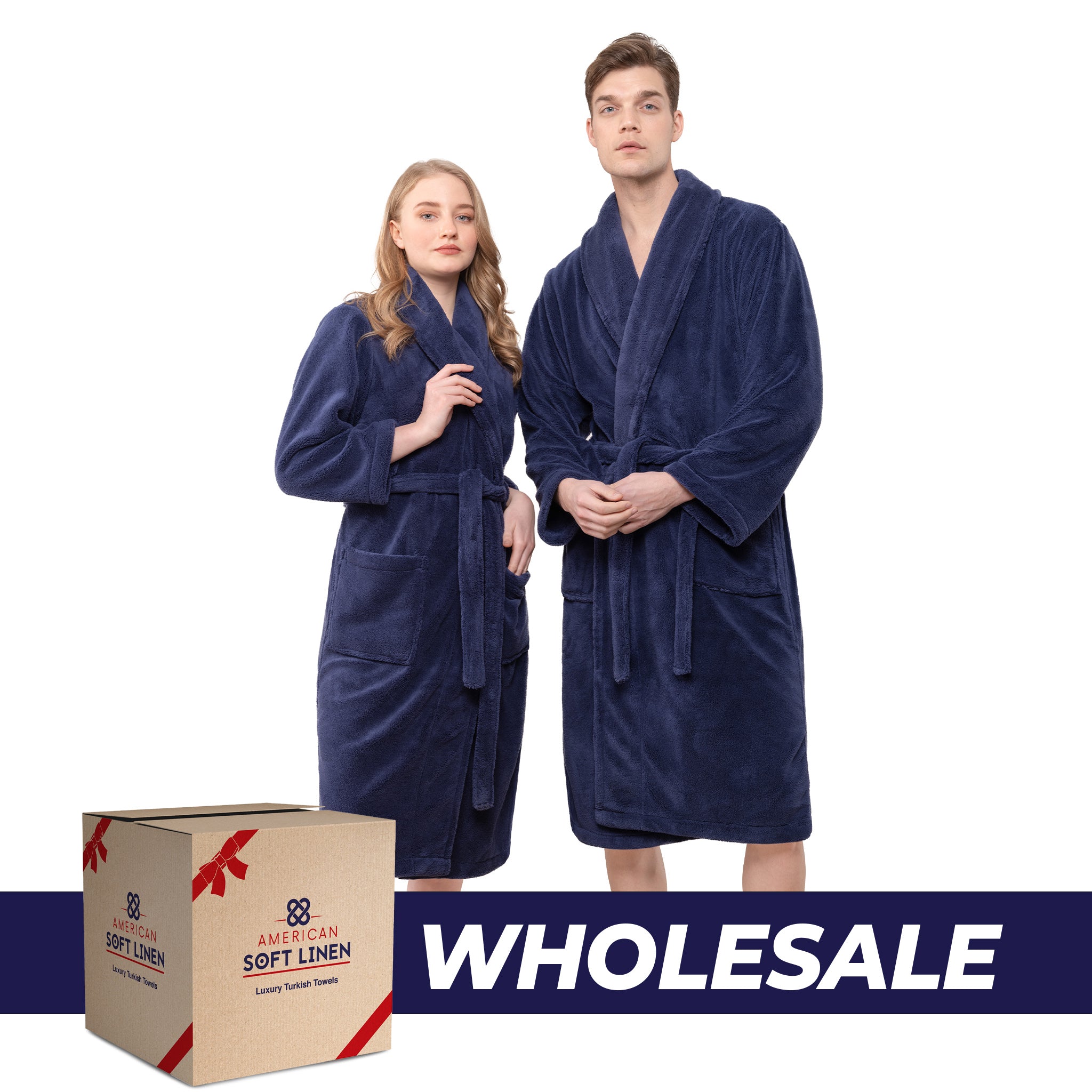 American Soft Linen Super Soft Absorbent and Fluffy Unisex Fleece Bathrobe -12 Set Case Pack -M-L-navy-blue-0