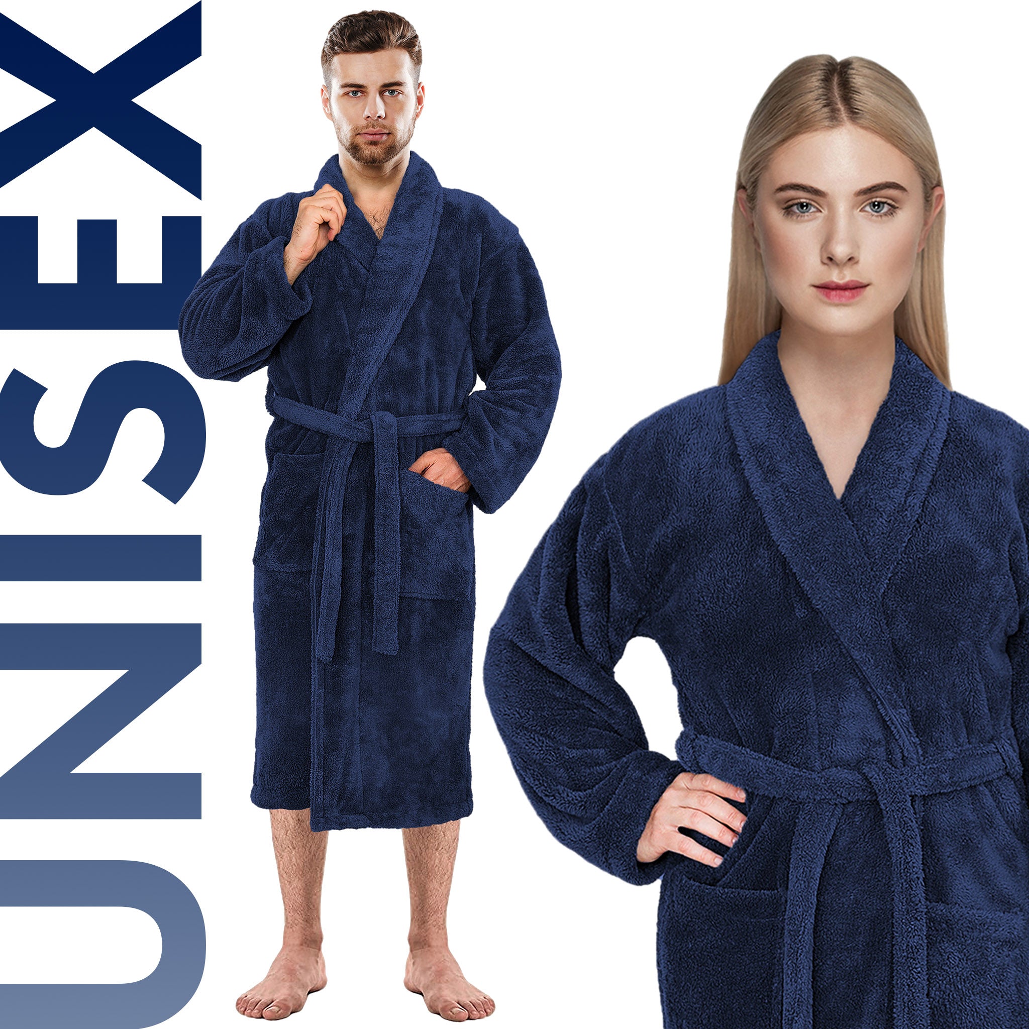 American Soft Linen Super Soft, Absorbent and Fluffy, Unisex Fleece Bathrobe M-L-navy-blue-6