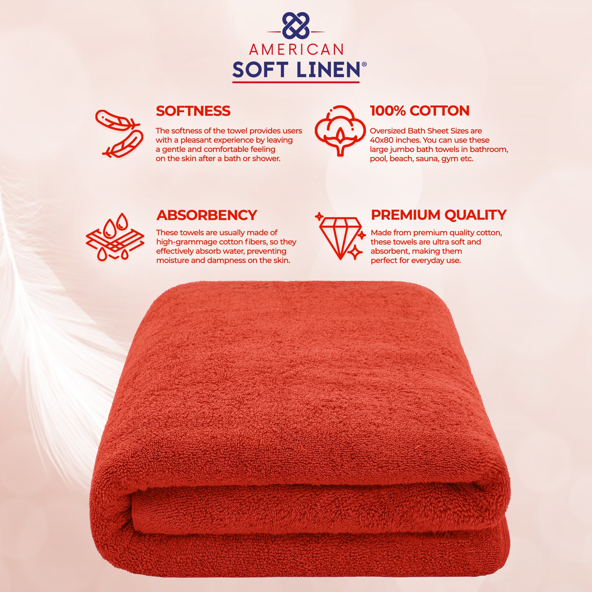 American Soft Linen - 40x80 Inch Oversized Bath Sheet Turkish Bath Towel - 12 Piece Case Pack - red-5