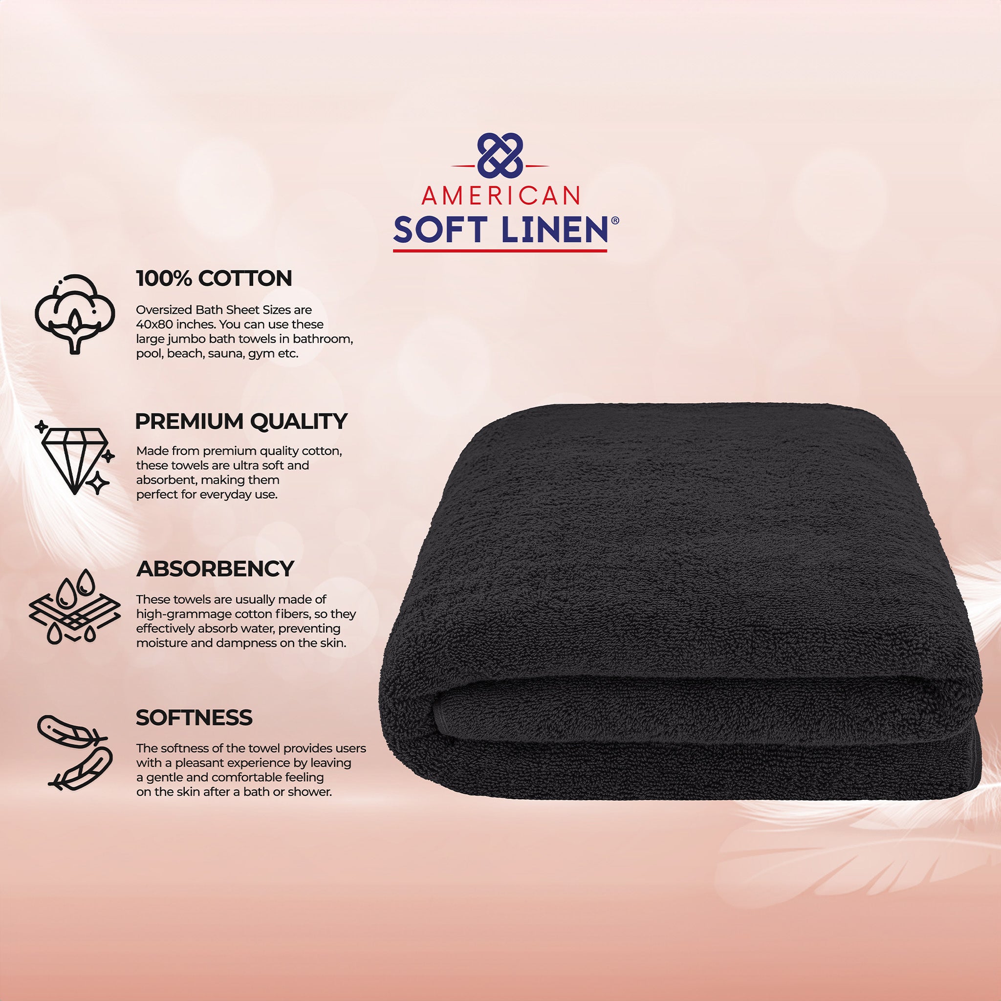 American Soft Linen 100% Ring Spun Cotton 40x80 Inches Oversized Bath Sheets black-4