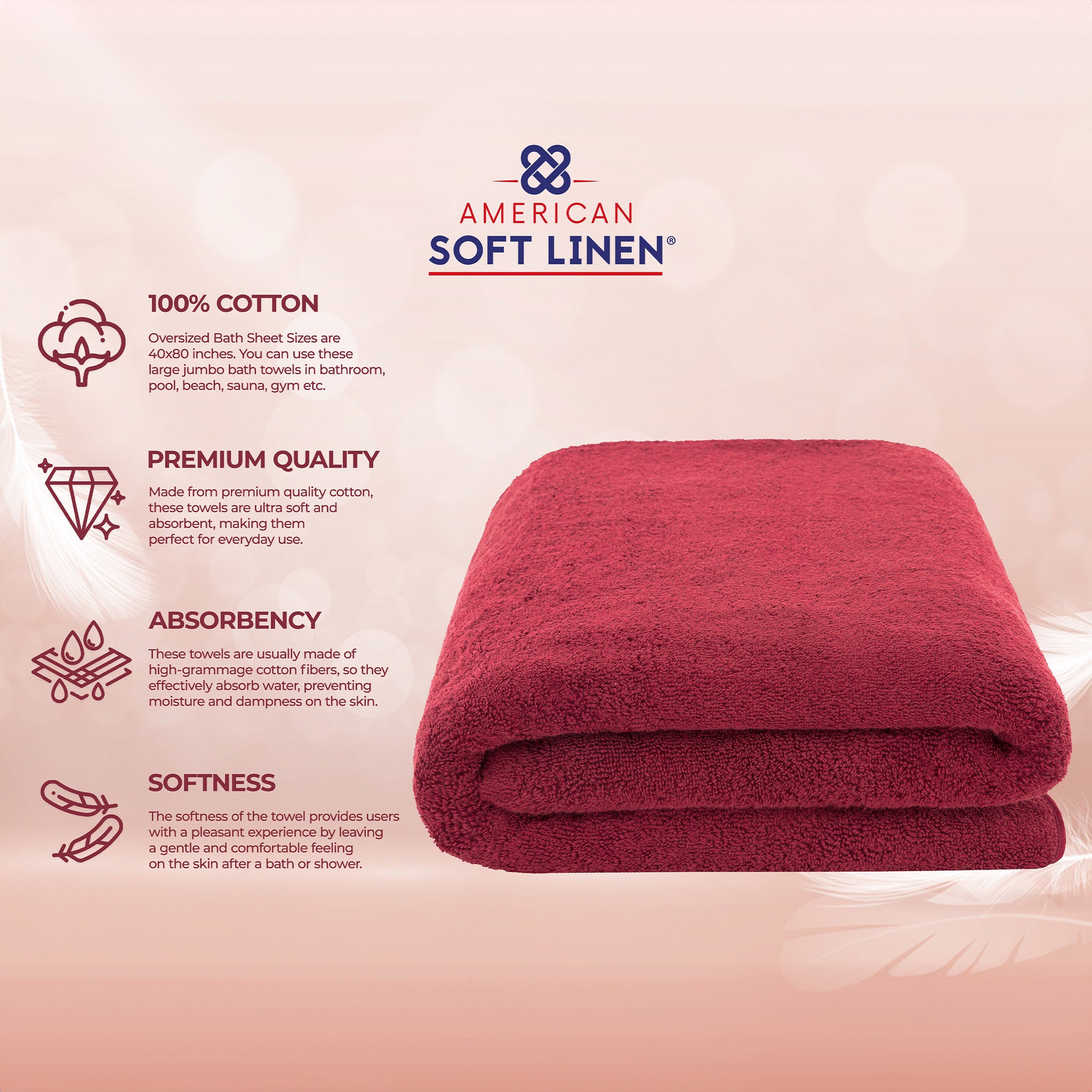 American Soft Linen 100% Ring Spun Cotton 40x80 Inches Oversized Bath Sheets bordeaux-red-4