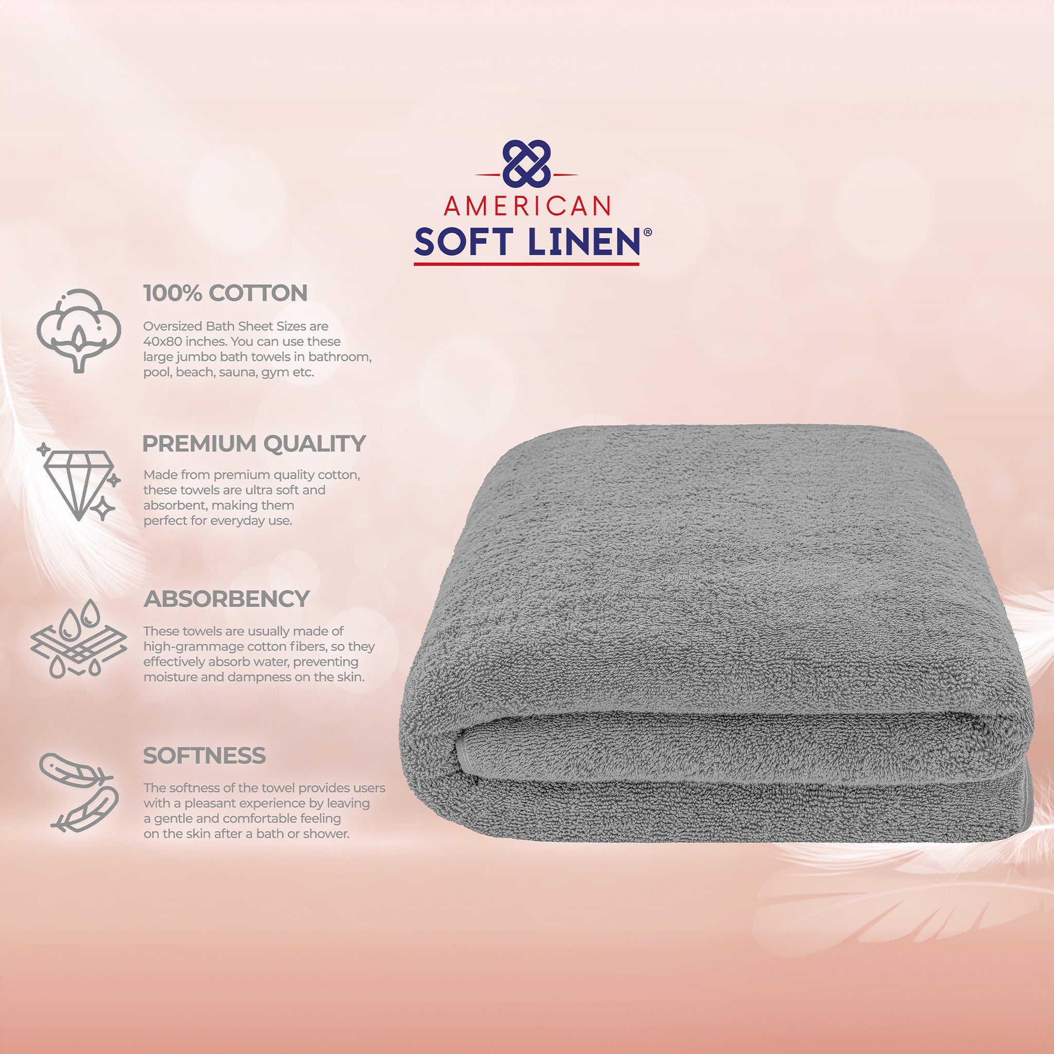 American Soft Linen 100% Ring Spun Cotton 40x80 Inches Oversized Bath Sheets rockridge-gray-4