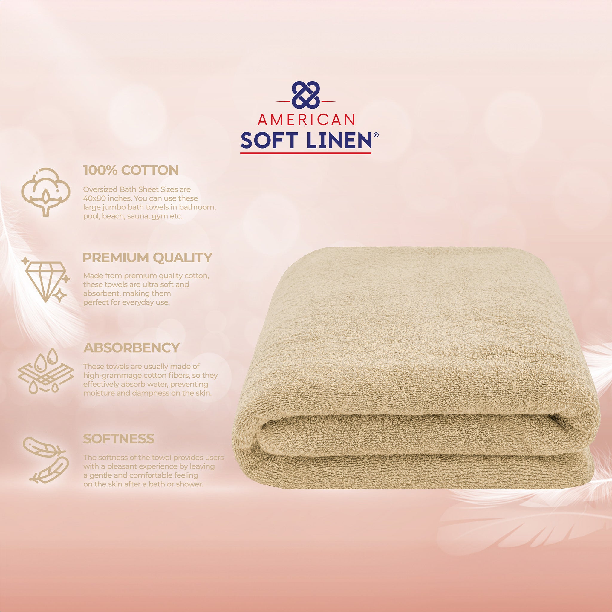 American Soft Linen 100% Ring Spun Cotton 40x80 Inches Oversized Bath Sheets sand-taupe-4