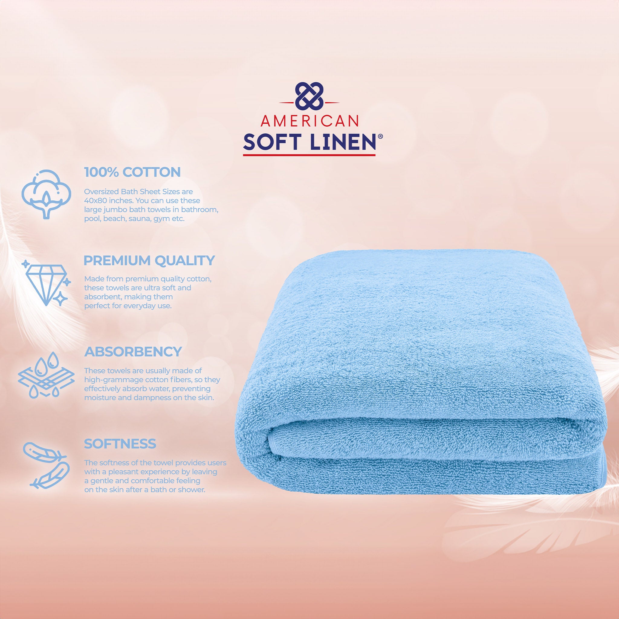 American Soft Linen 100% Ring Spun Cotton 40x80 Inches Oversized Bath Sheets sky-blue-4