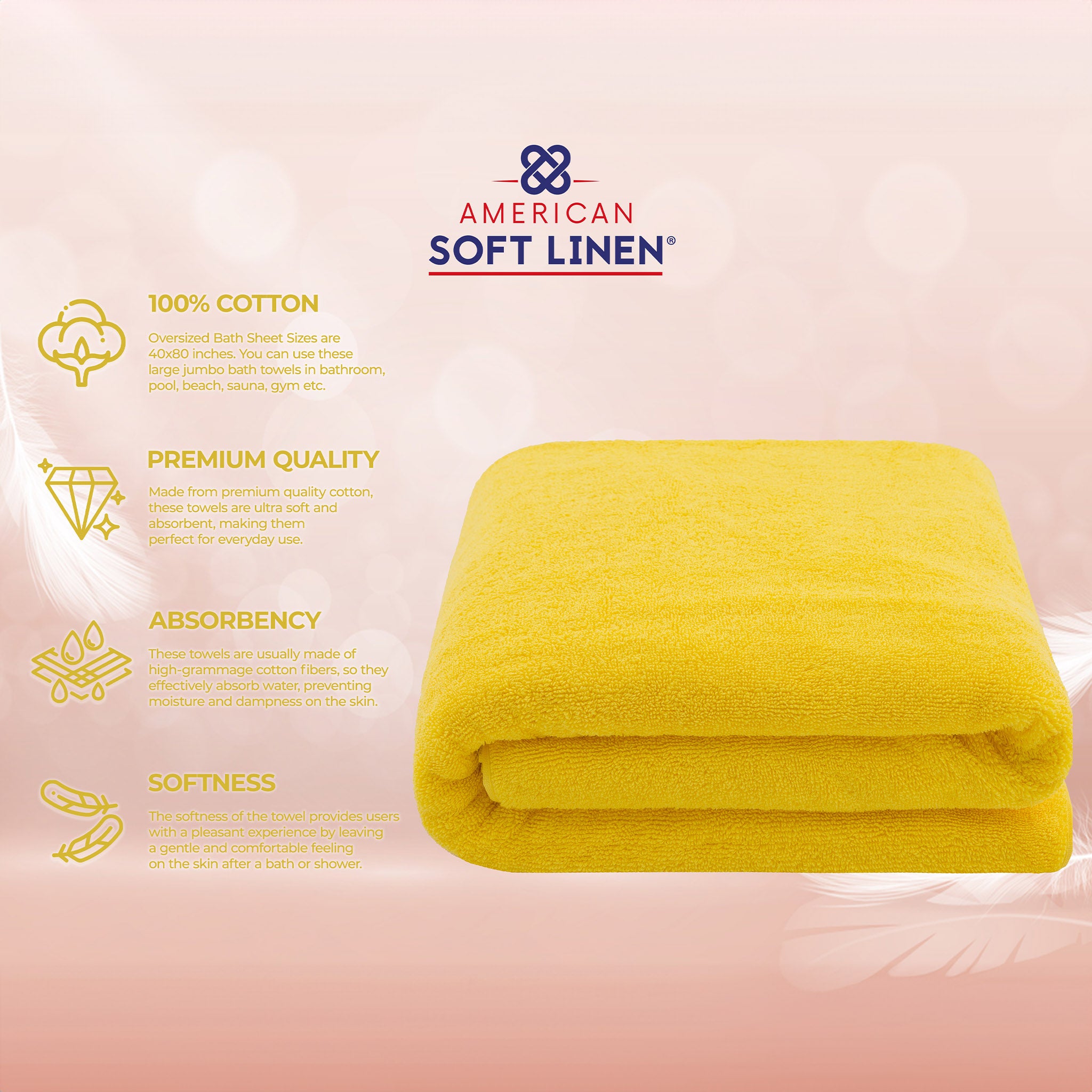 American Soft Linen 100% Ring Spun Cotton 40x80 Inches Oversized Bath Sheets yellow-4