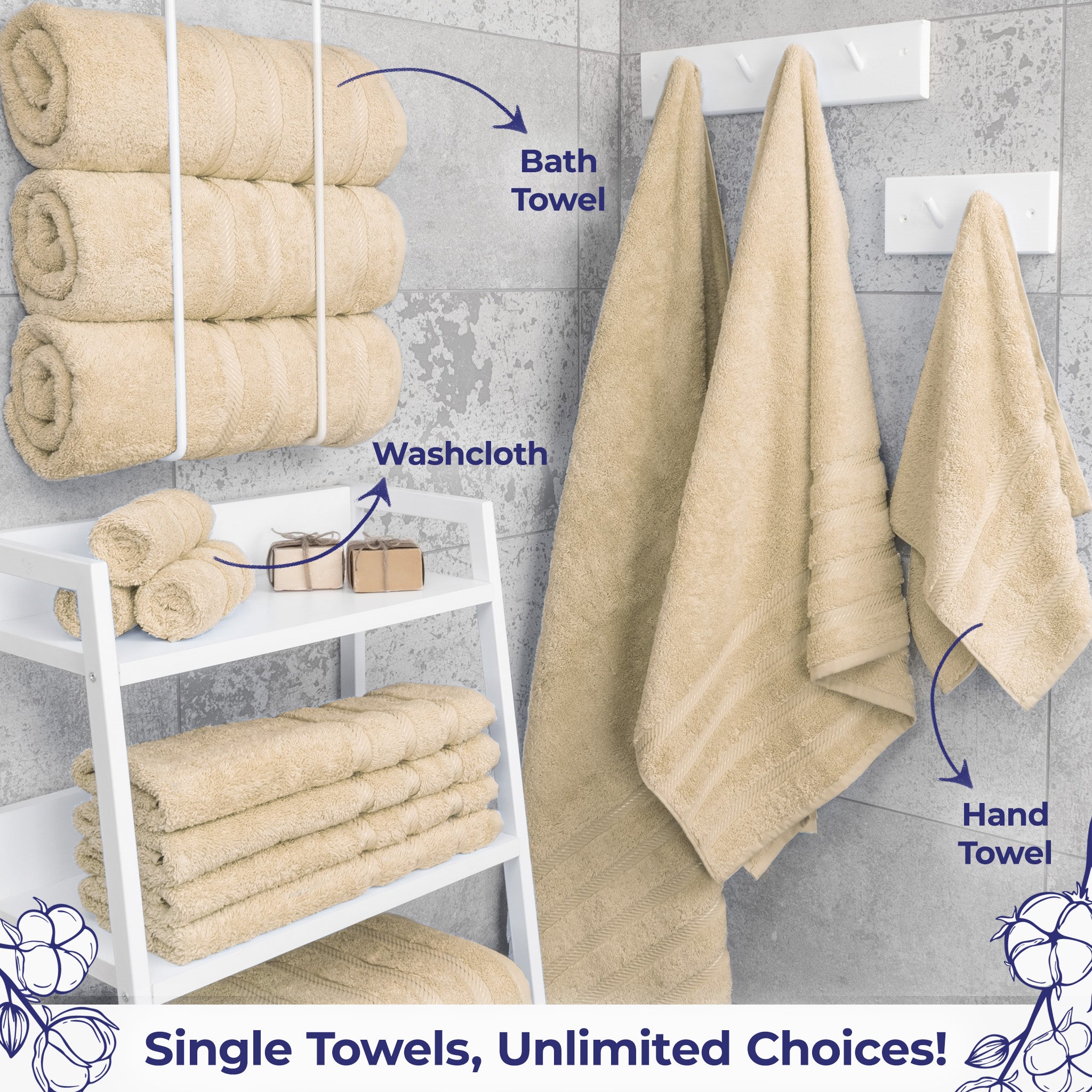 American Soft Linen Single Piece 100% Cotton Turkish Towels with 20 Different Colors, Create Your Set, Beige, Bath towels 2