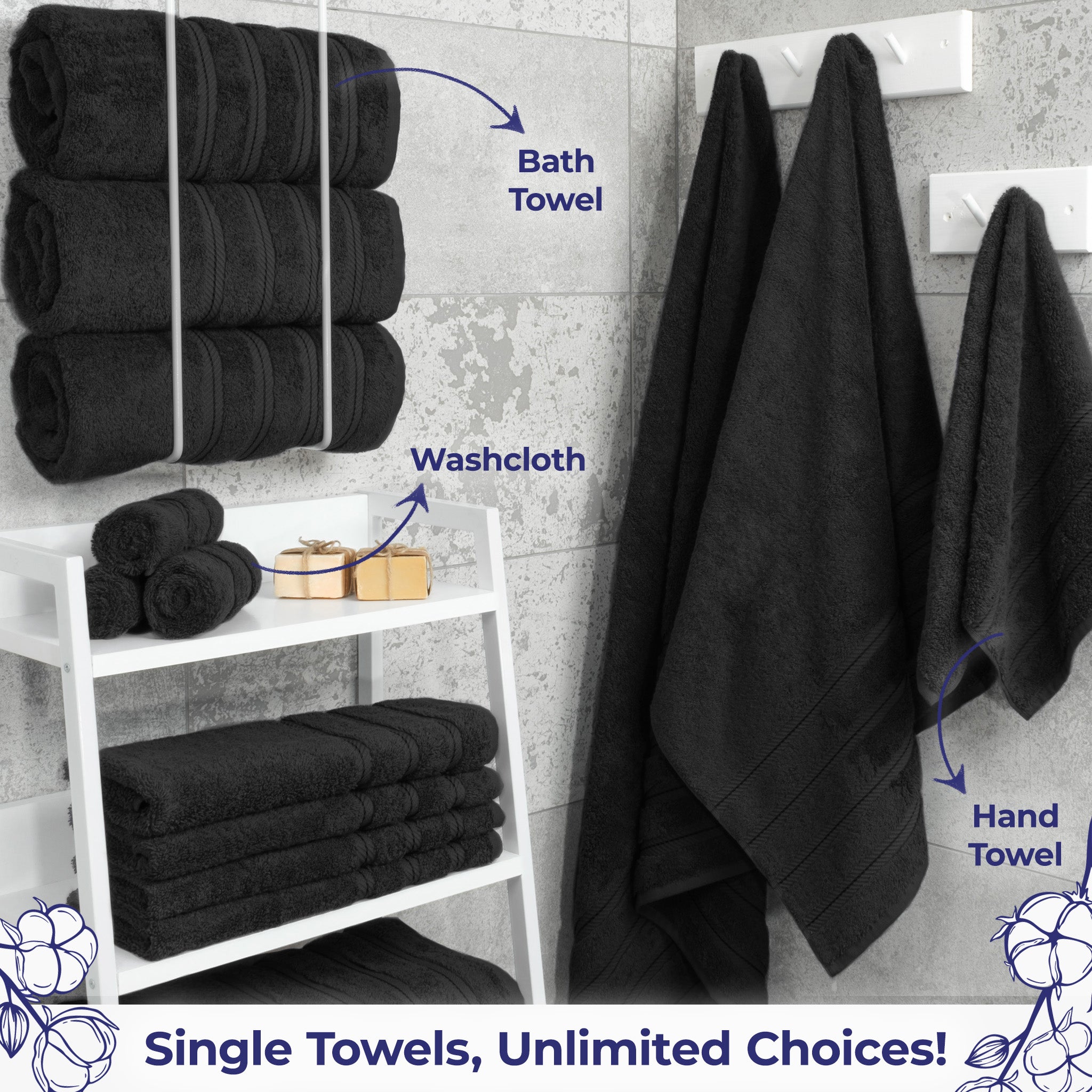 American Soft Linen Single Piece 100% Cotton Turkish Towels with 20 Different Colors, Create Your Set, Black, Bath towels 2