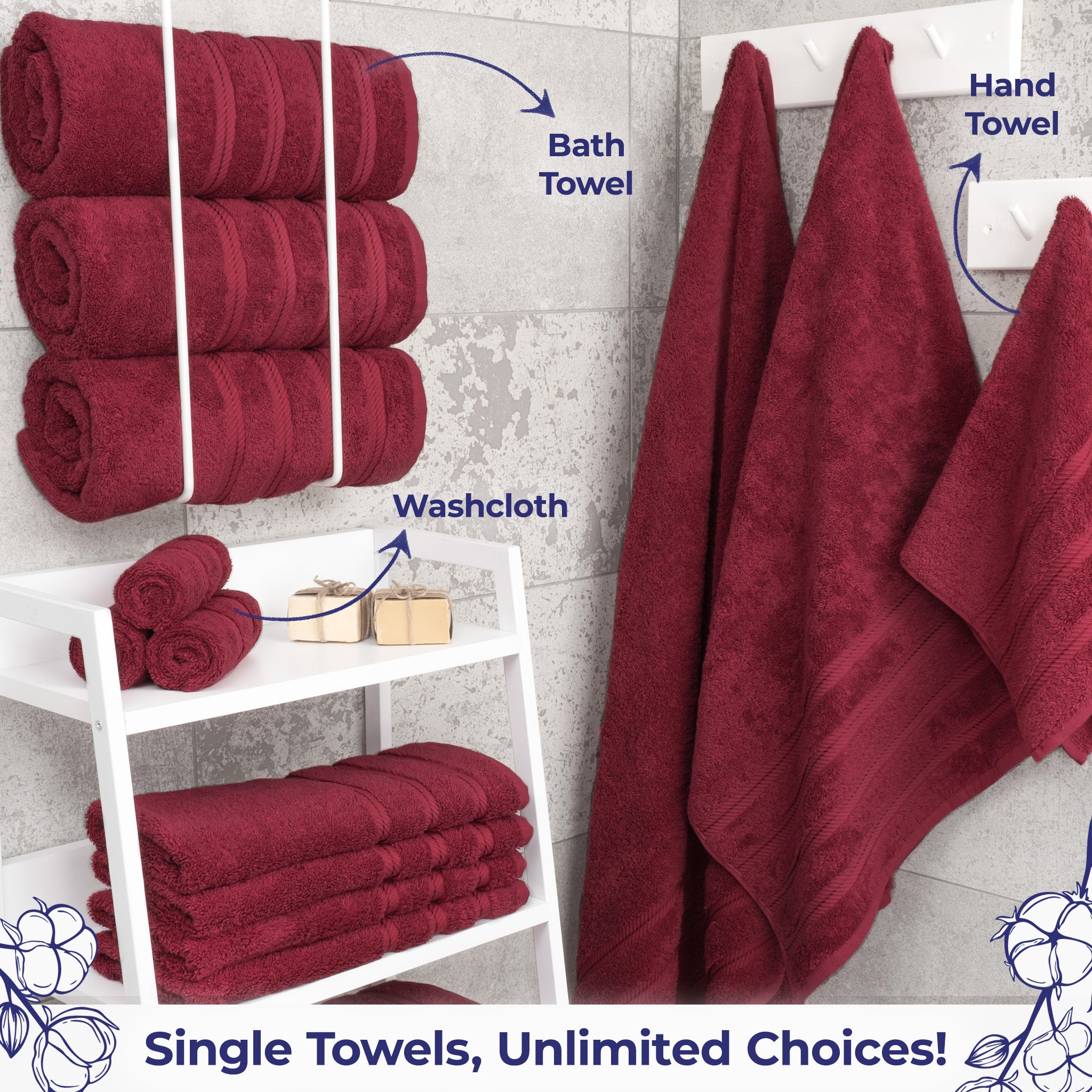 American Soft Linen Single Piece 100% Cotton Turkish Towels with 20 Different Colors, Create Your Set, Bordeaux Red, Bath towels 2