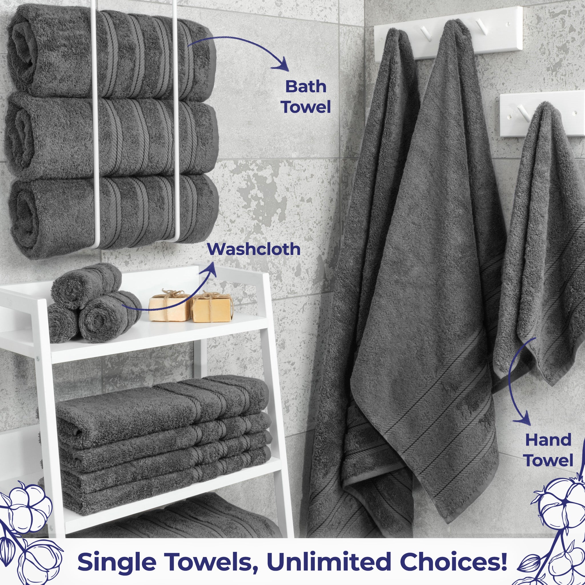 American Soft Linen Single Piece 100% Cotton Turkish Towels with 20 Different Colors, Create Your Set, Gray, Bath towels 2