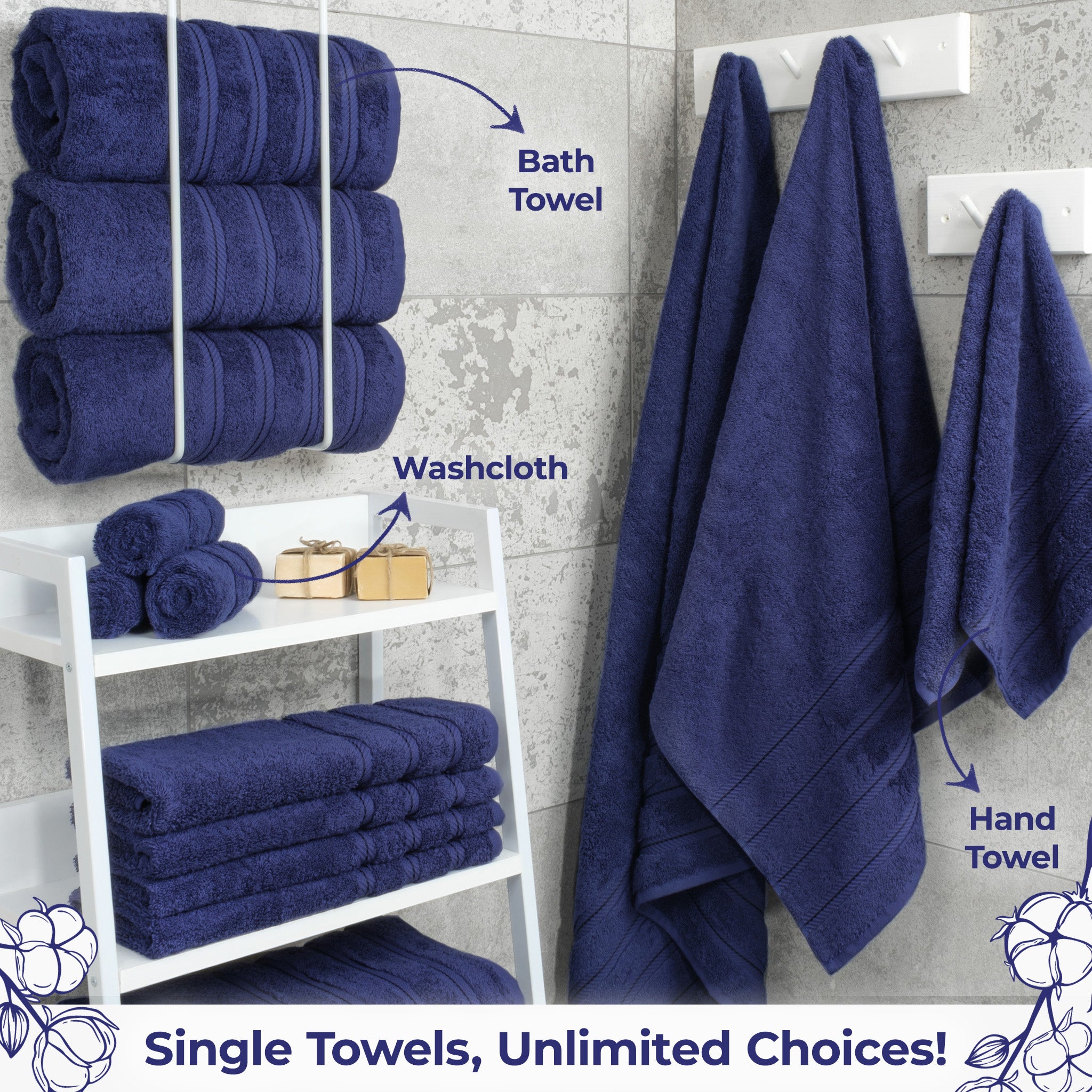 American Soft Linen Single Piece 100% Cotton Turkish Towels with 20 Different Colors, Create Your Set, Navy - Blue, Bath towels 2
