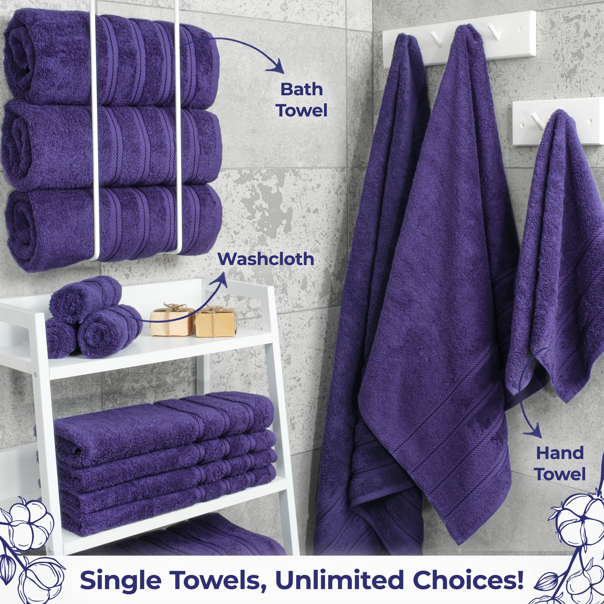 American Soft Linen Single Piece 100% Cotton Turkish Towels with 20 Different Colors, Create Your Set, Purple, Bath towels 2