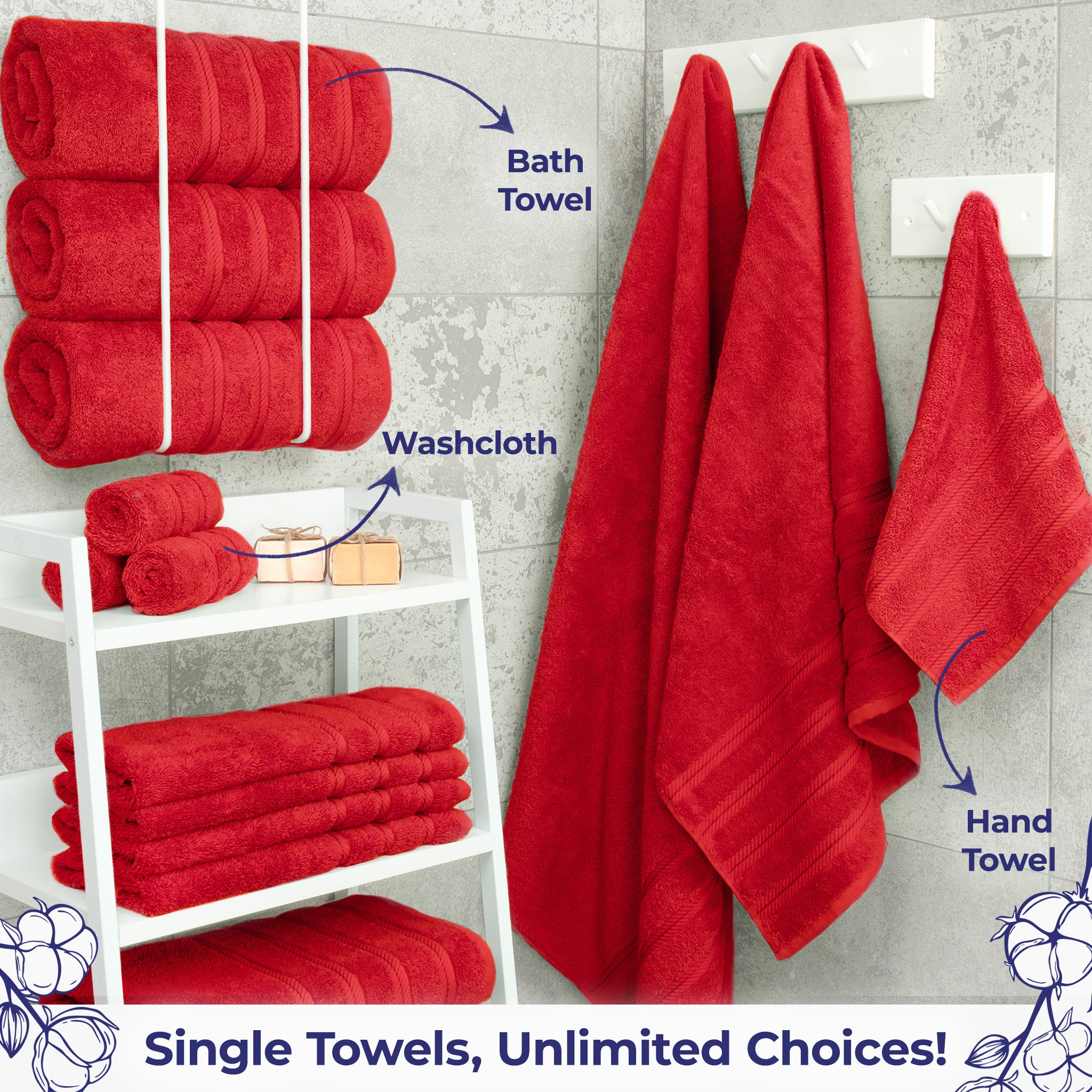 American Soft Linen Single Piece 100% Cotton Turkish Towels with 20 Different Colors, Create Your Set, Red, Bath towels 2