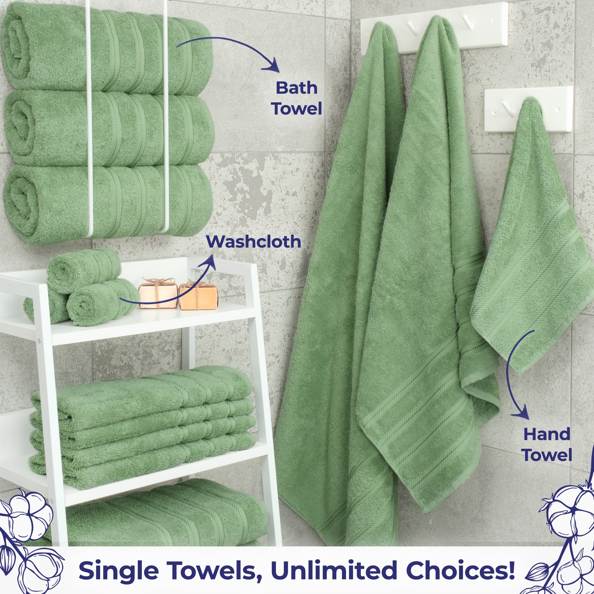 American Soft Linen Single Piece 100% Cotton Turkish Towels with 20 Different Colors, Create Your Set, Sage Green, Bath towels 2