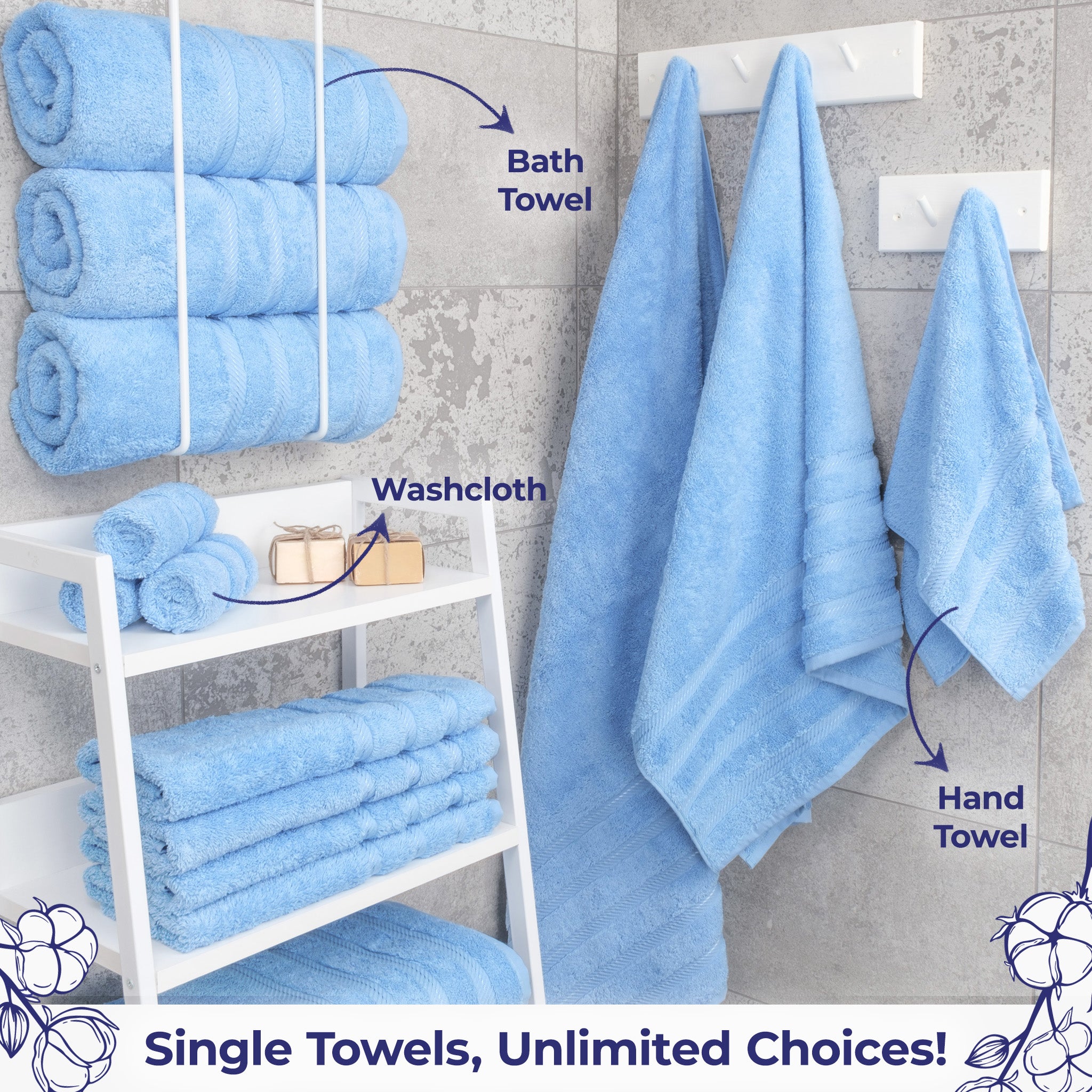 American Soft Linen Single Piece 100% Cotton Turkish Towels with 20 Different Colors, Create Your Set, Sky Blue, Bath towels 2