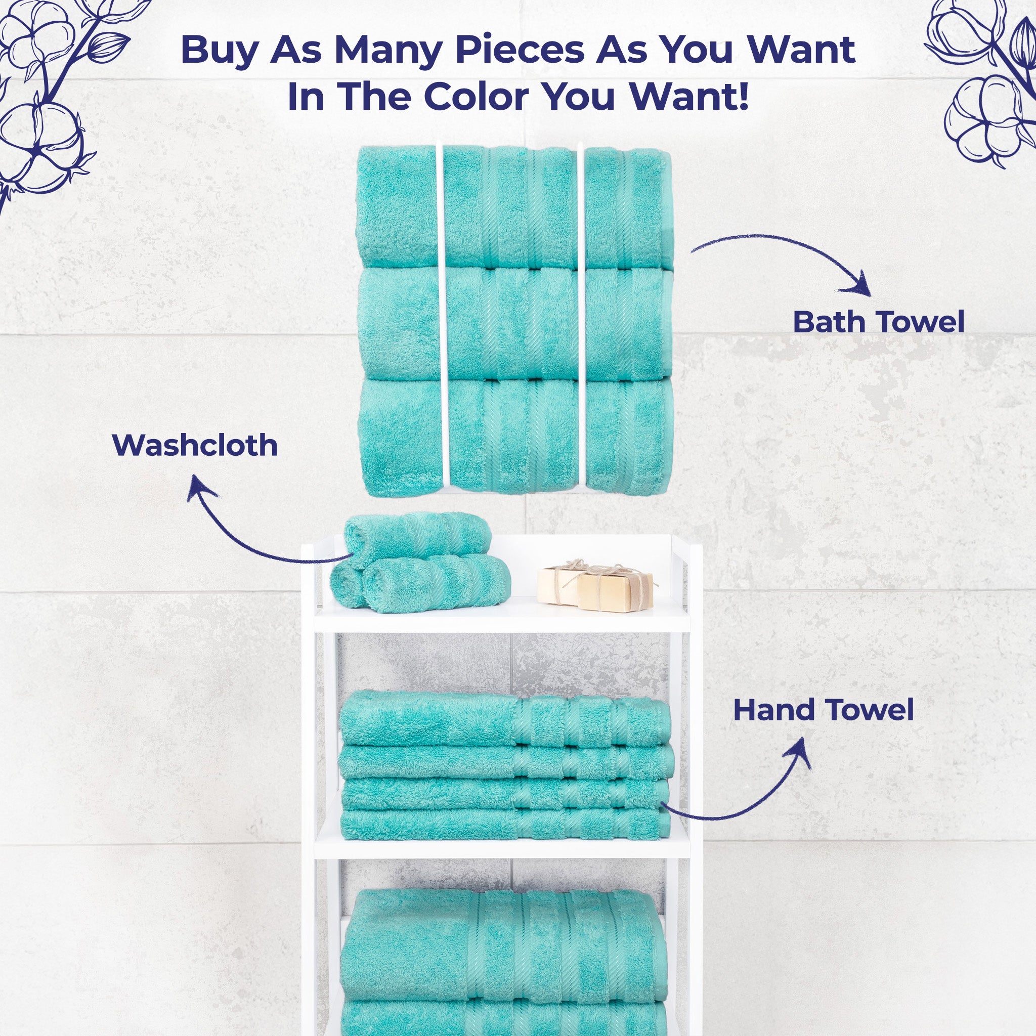 American Soft Linen Single Piece 100% Cotton Turkish Towels with 20 Different Colors, Create Your Set, Turquoise, Bath towels 2