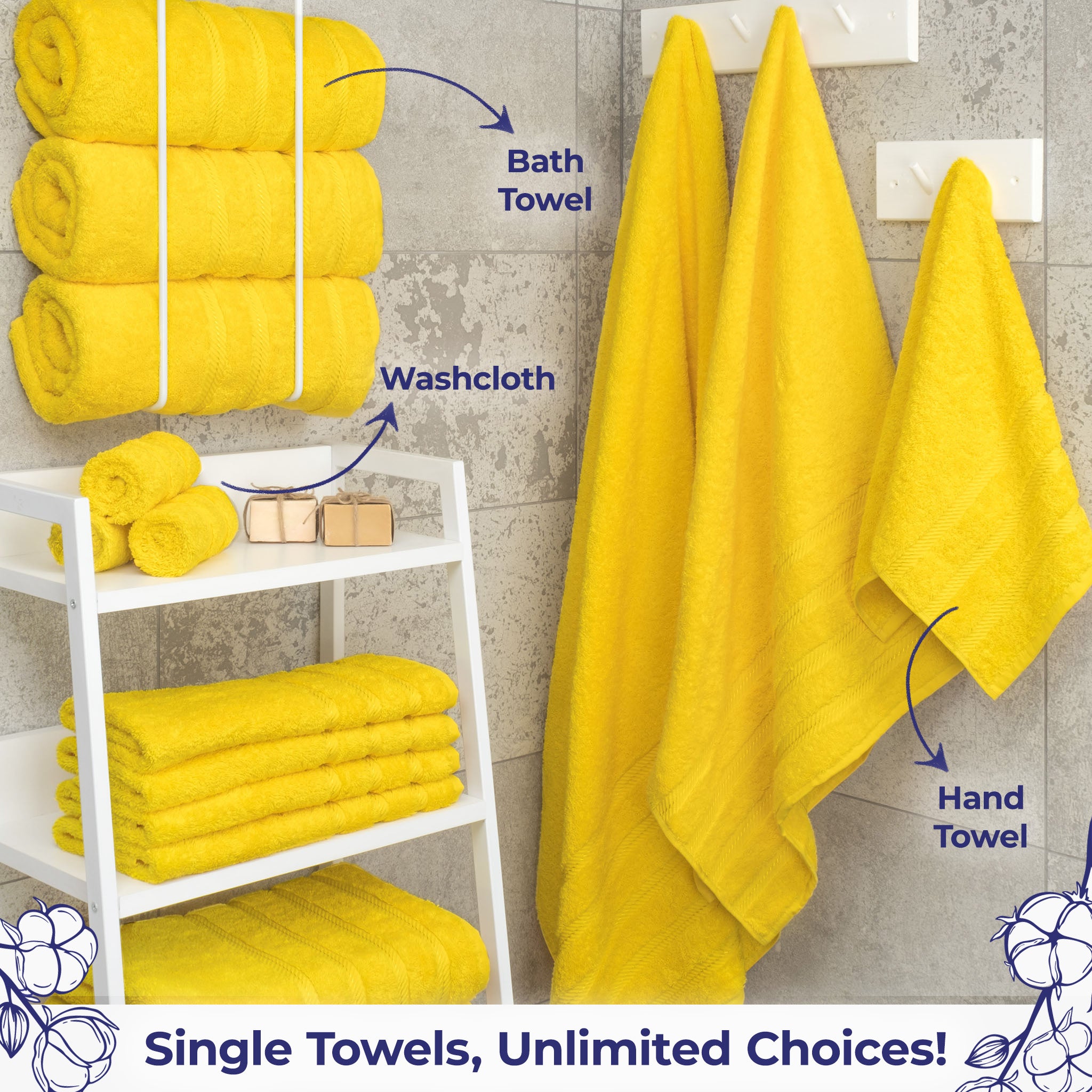 American Soft Linen Single Piece 100% Cotton Turkish Towels with 20 Different Colors, Create Your Set, Yellow, Bath towels 2