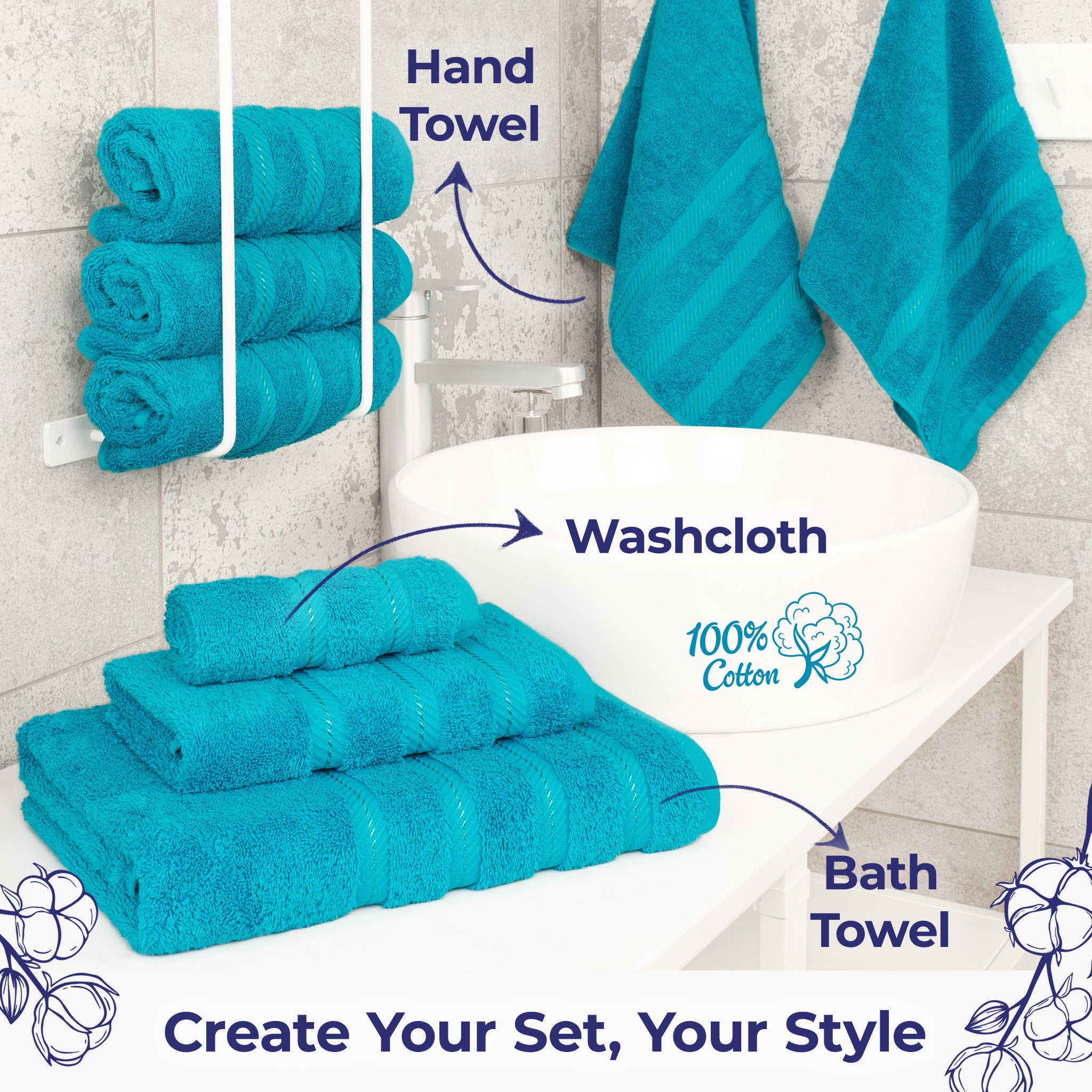 American Soft Linen Single Piece 100% Cotton Turkish Towels with 20 Different Colors, Create Your Set, Aqua Blue, Hand towels 2