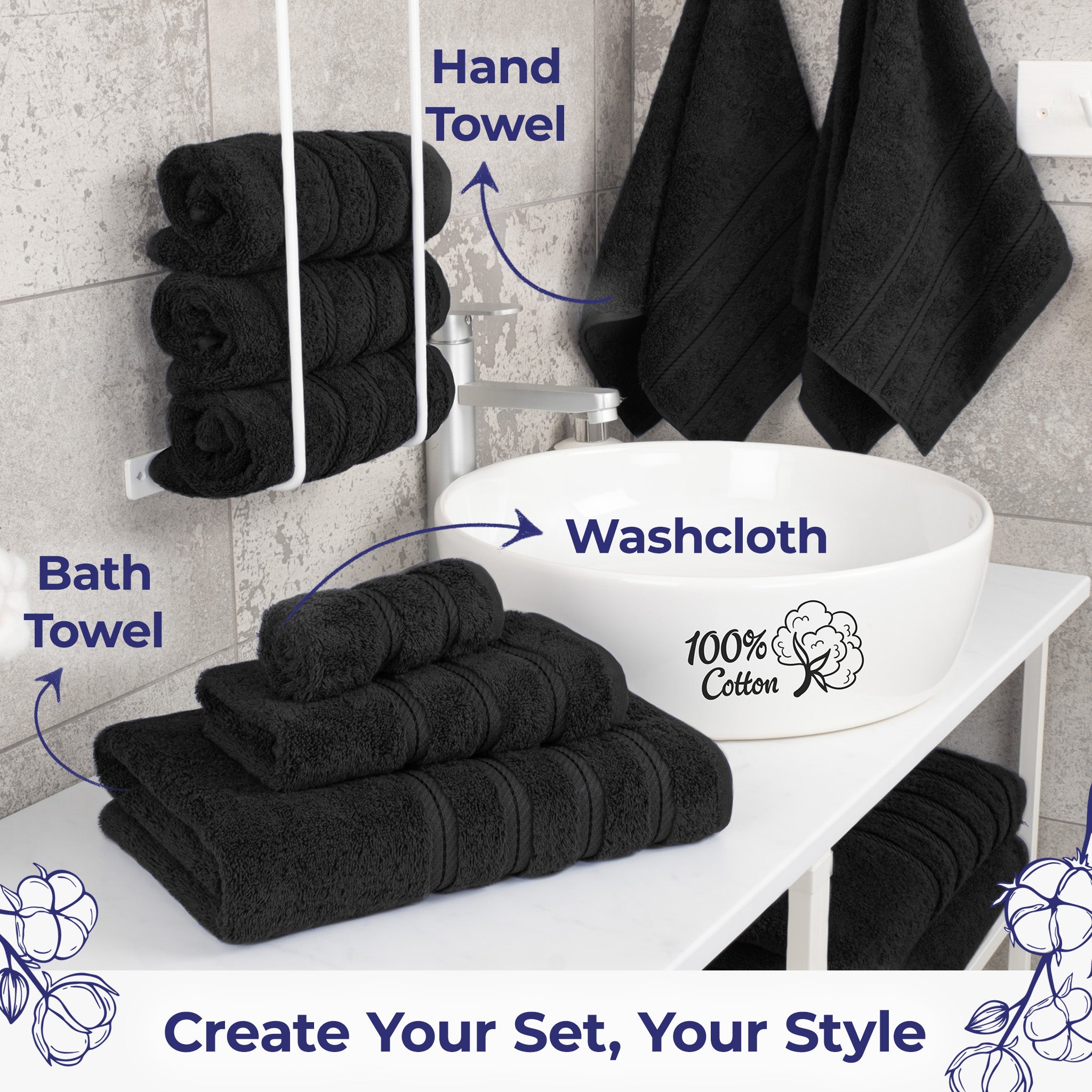 American Soft Linen Single Piece 100% Cotton Turkish Towels with 20 Different Colors, Create Your Set, Black, Hand towels 2